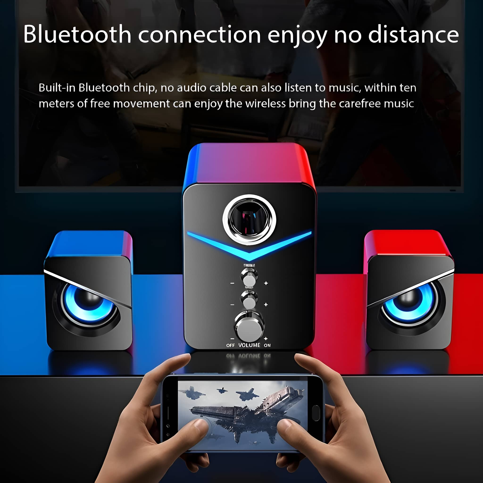 Ein Set aus drei schwarzen Lautsprechern mit blauem Licht, ein Telefon spielt Musik, roter und blauer Hintergrund.