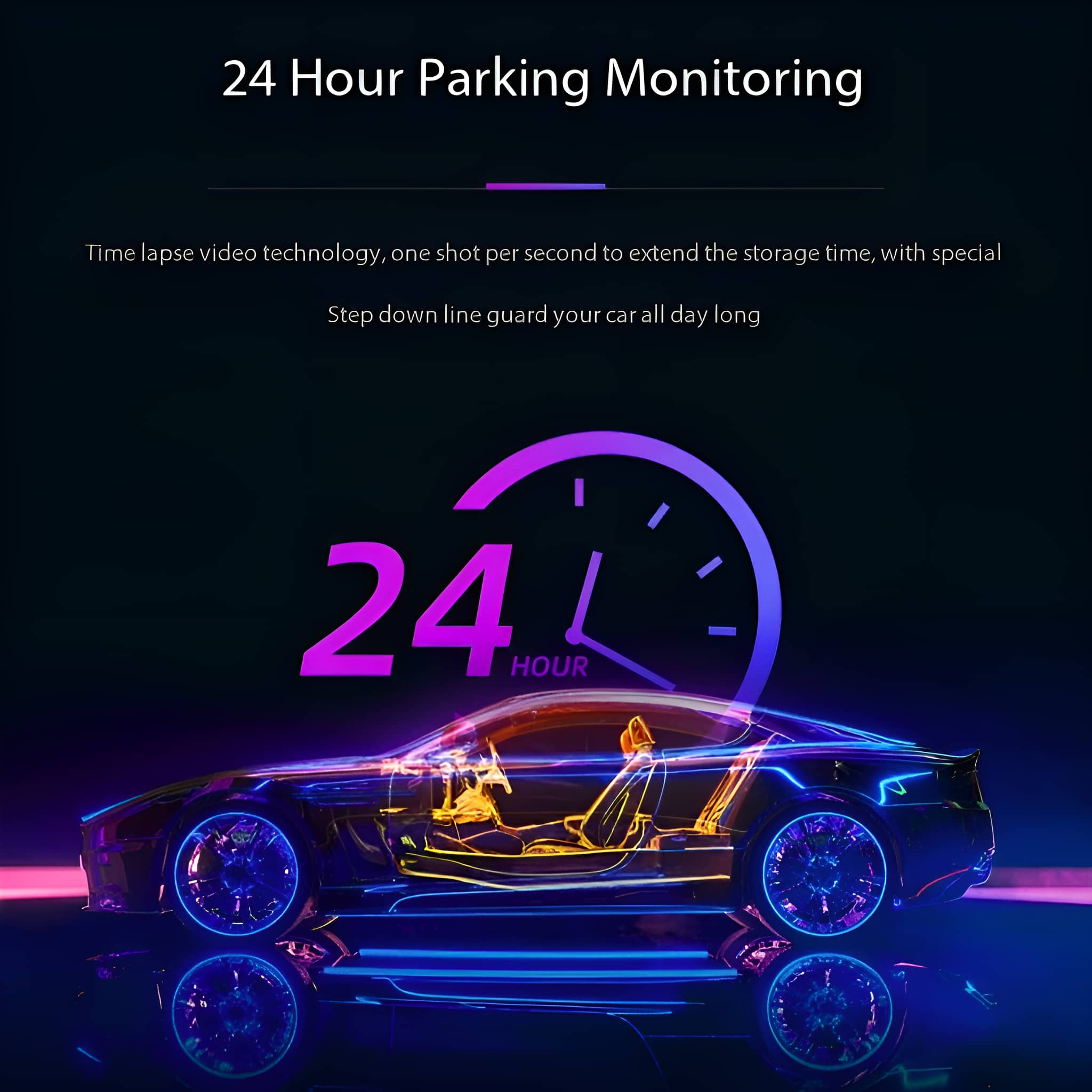 Bild mit Text '24 Stunden Parküberwachung' und einem Auto mit Neonumrissen.