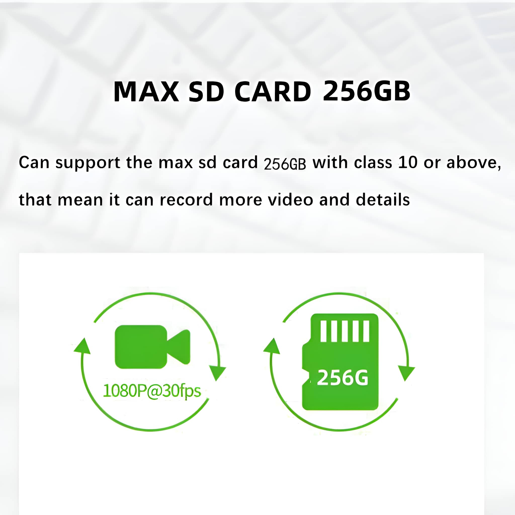 Ein Bild mit Text über eine 256GB SD-Karte. Es hat Symbole einer Videokamera und einer SD-Karte.
