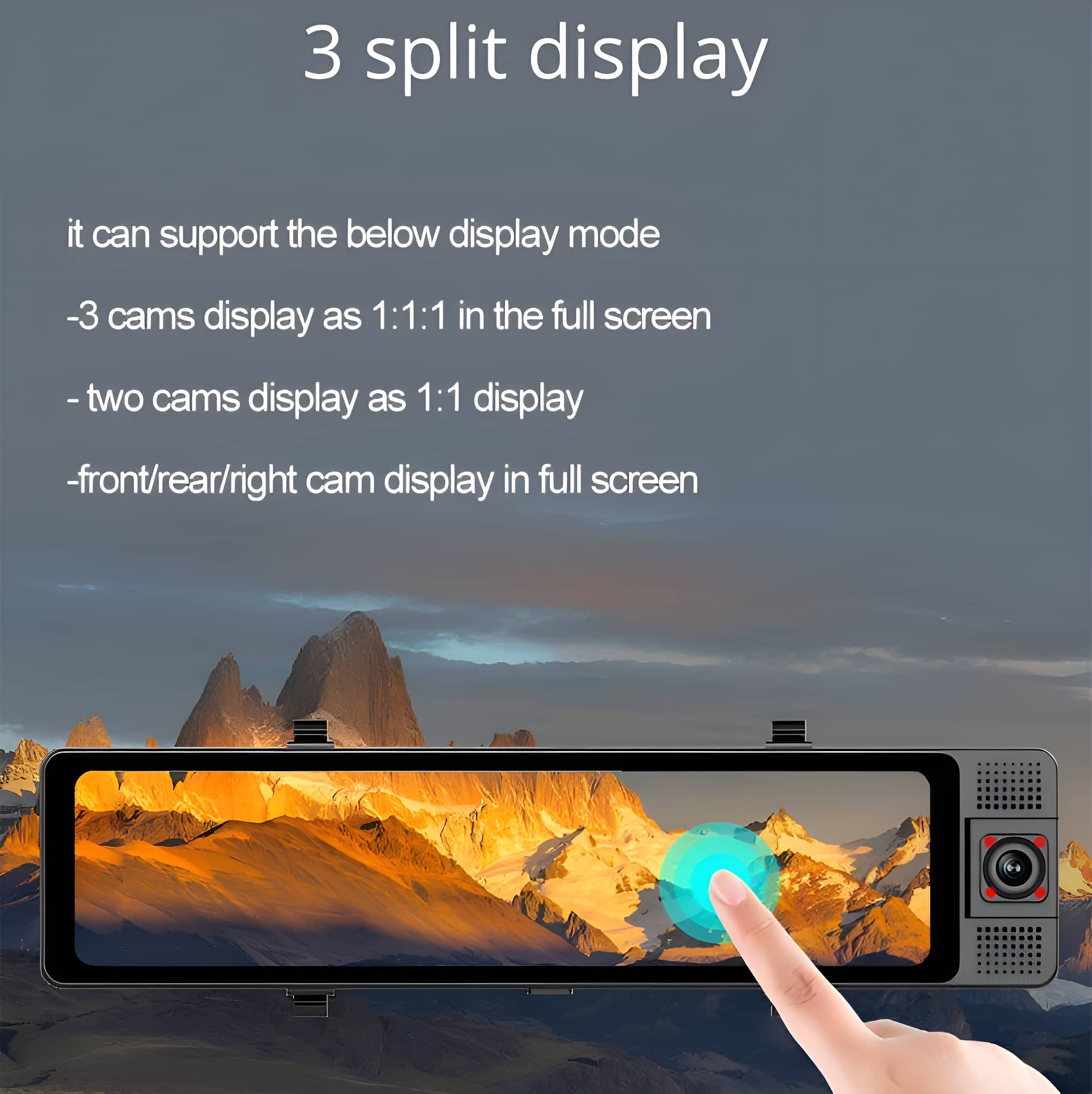 Auto-Dashboard-Display mit Finger, der den Bildschirm berührt, mit Text "3 split display".