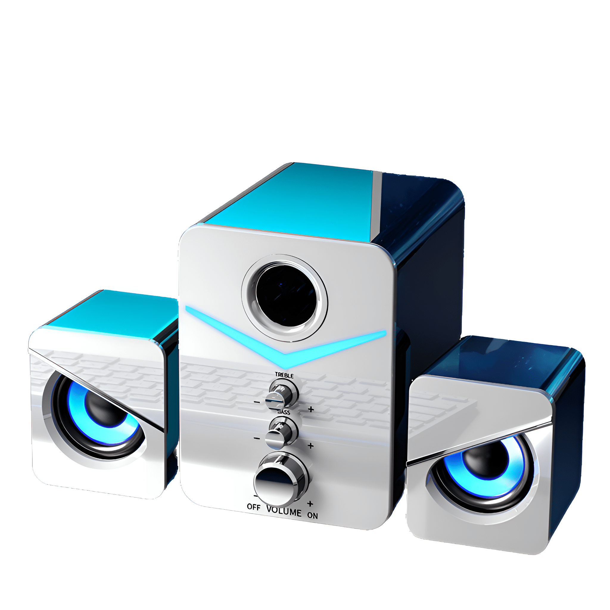 Silber-blaues Lautsprechersystem mit zwei Satellitenlautsprechern und einem Subwoofer.