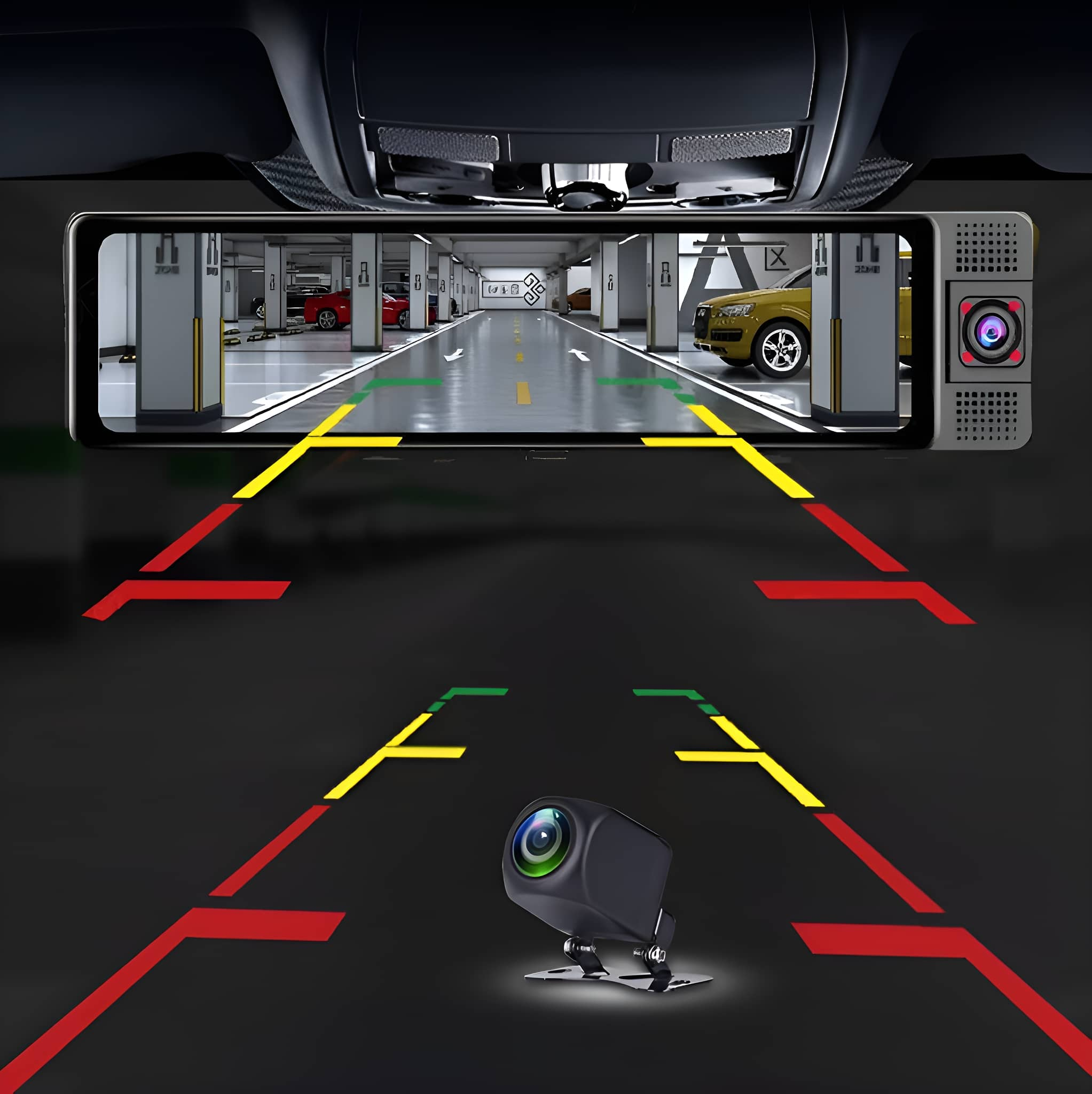 Dashcam-Setup mit Bildschirm, der eine Parkhausansicht zeigt, und Rückfahrkamera mit Linien.