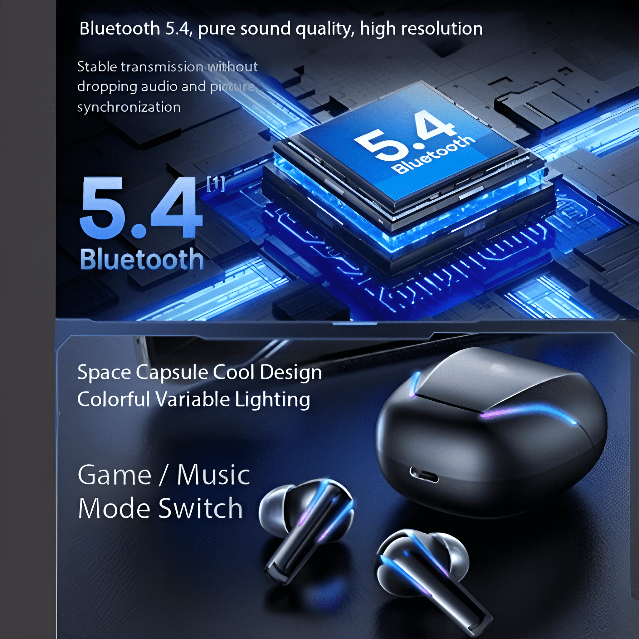 Eine Werbung für Bluetooth-Ohrhörer mit blauem futuristischem Hintergrund.