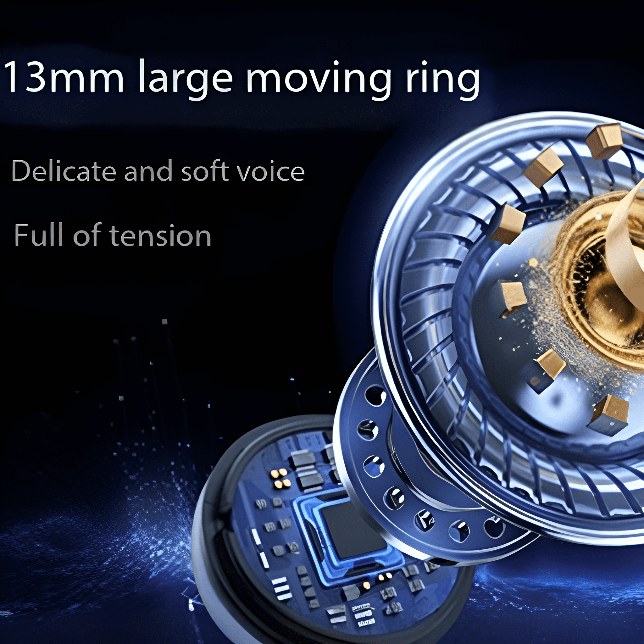 Nahaufnahme von Ohrhörerkomponenten mit Text: 13 mm großer beweglicher Ring, zarte und sanfte Stimme, voller Spannung.
