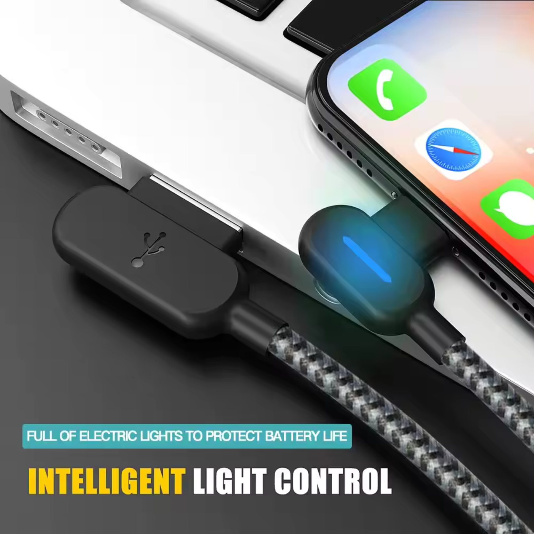 Ein schwarzes Ladekabel, das mit einem Telefon verbunden ist. Der Text besagt: voller elektrischer Lichter zum Schutz der Akkulaufzeit und intelligente Lichtsteuerung.