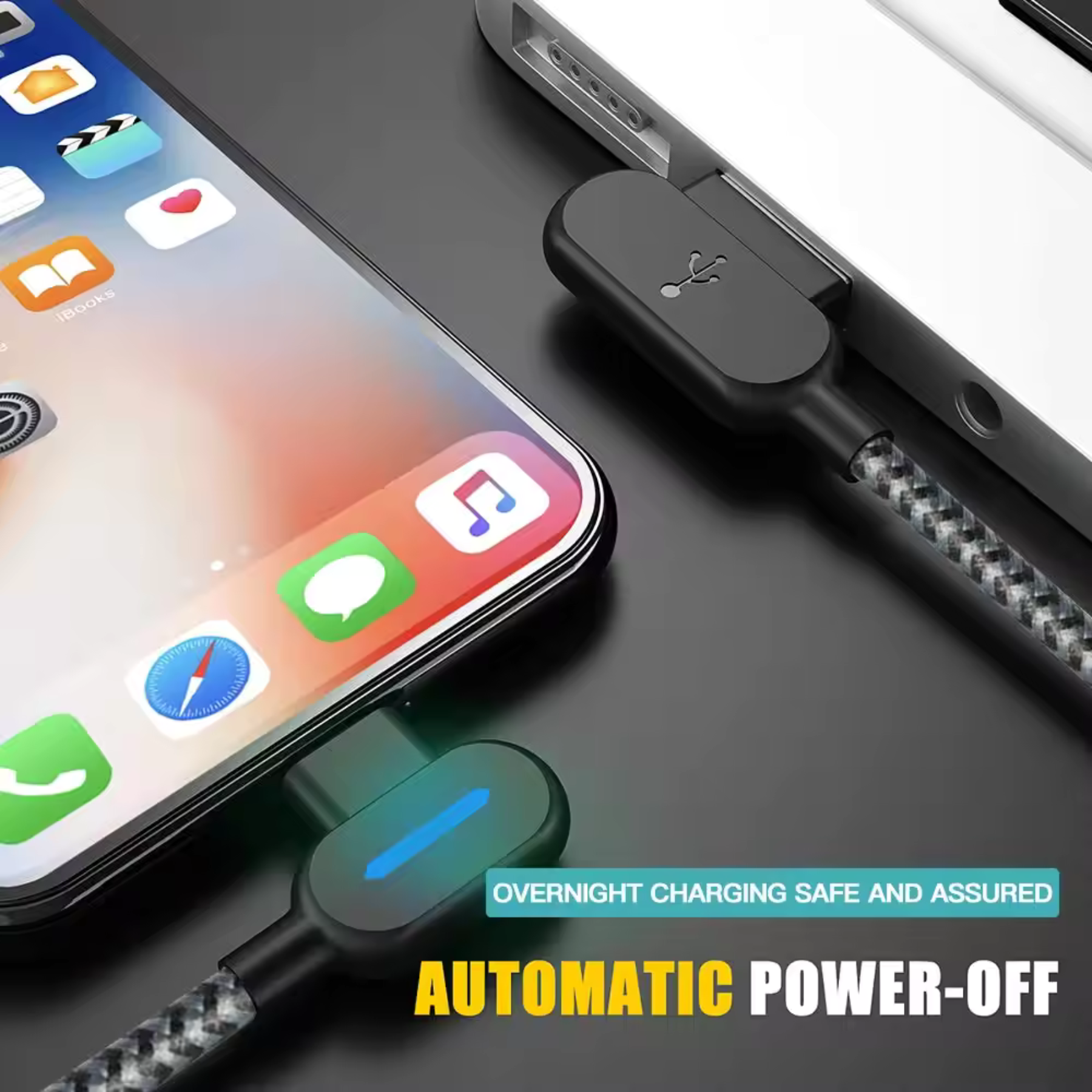Ein Telefon, das mit einem Ladegerät verbunden ist. Das Ladegerät hat einen USB-C-Anschluss.