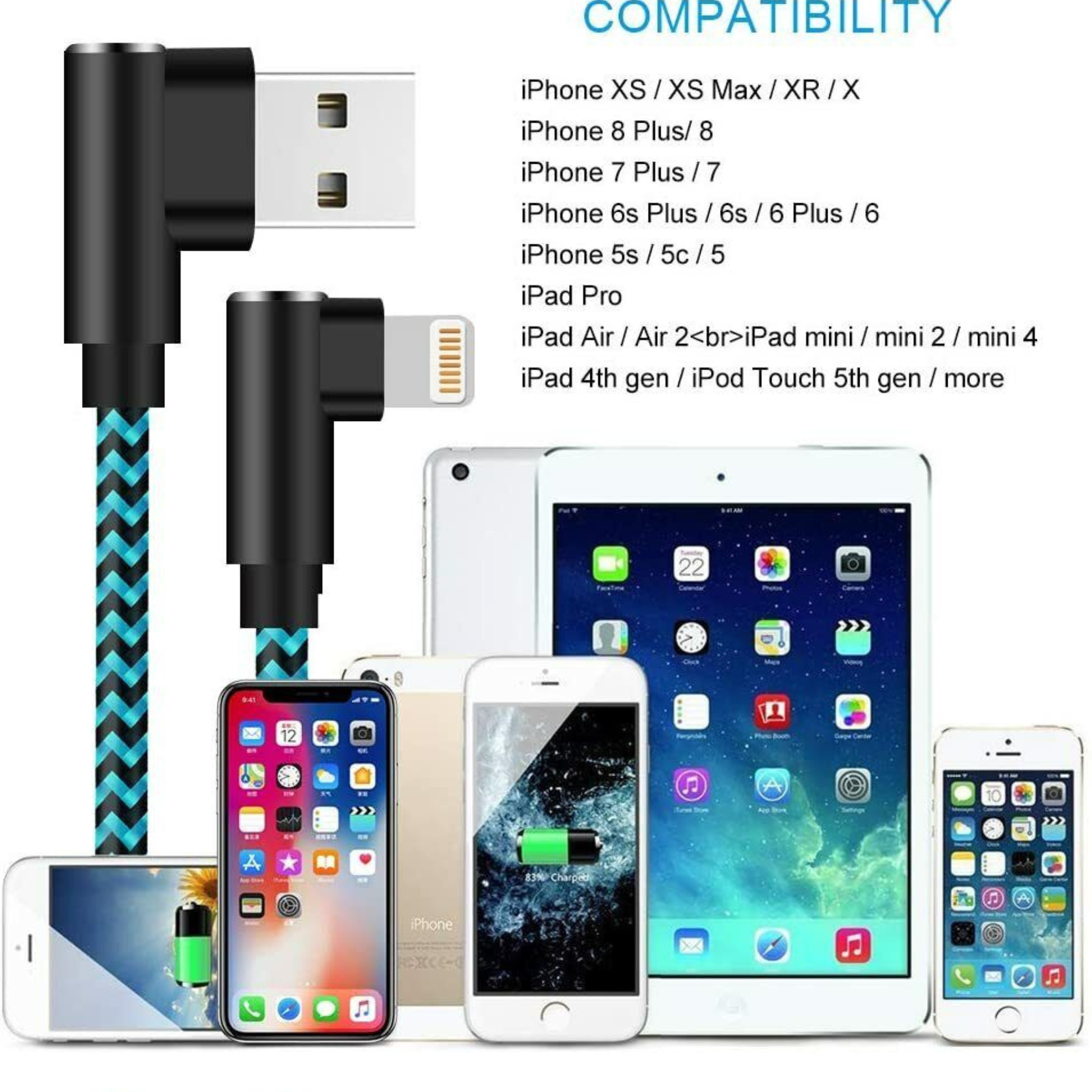 Schwarz-blaues USB-auf-Lightning-Kabel mit angeschlossenen Geräten wie Handys und Tablets.