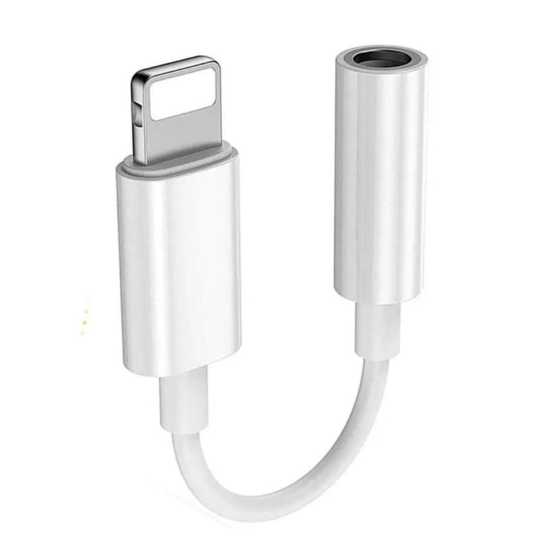 Weißes Lightning-auf-3,5-mm-Audio-Adapterkabel. Der Adapter ist weiß.