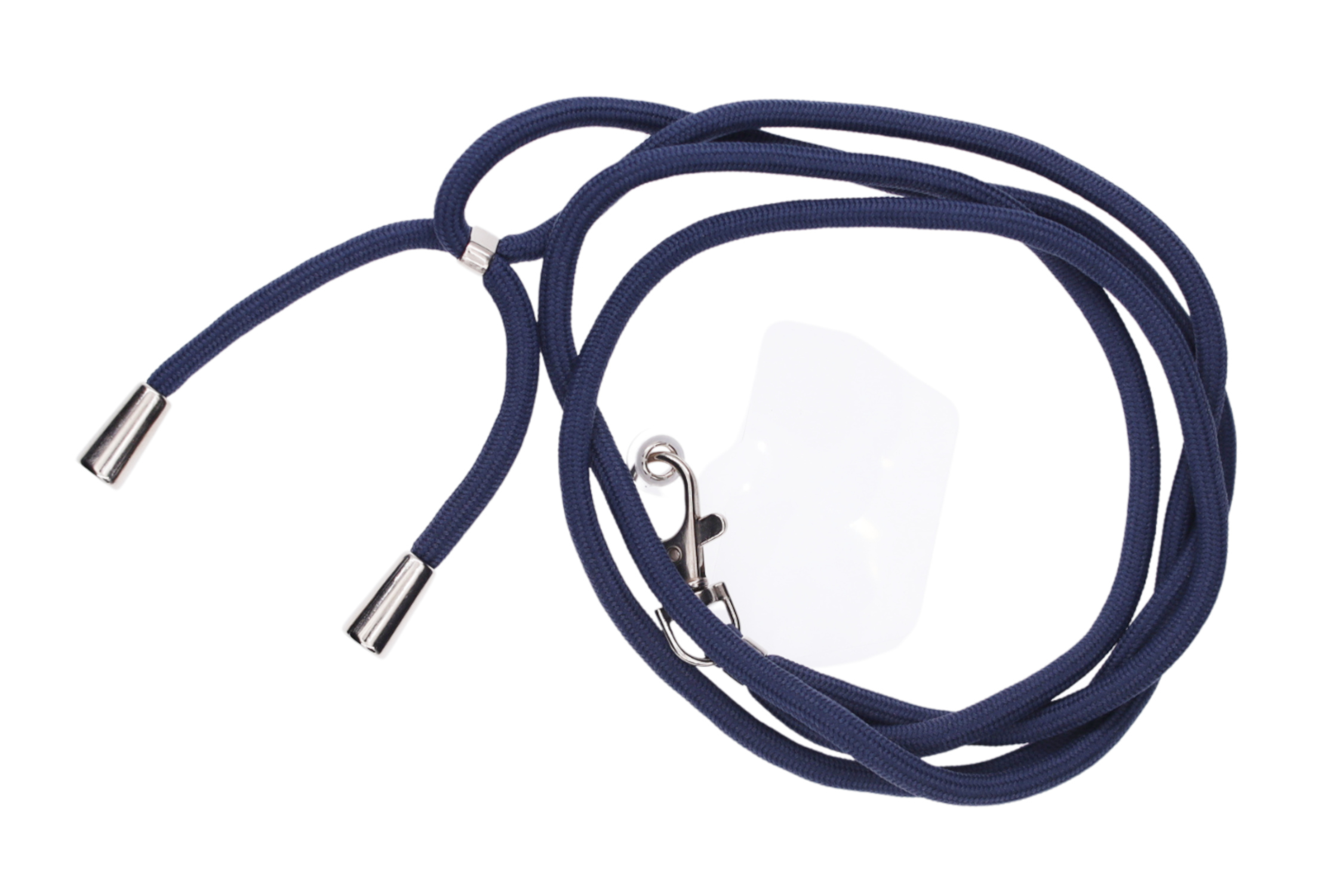 Marineblaue Telefonkordel mit silbernen Akzenten und einem transparenten Handyhalter.