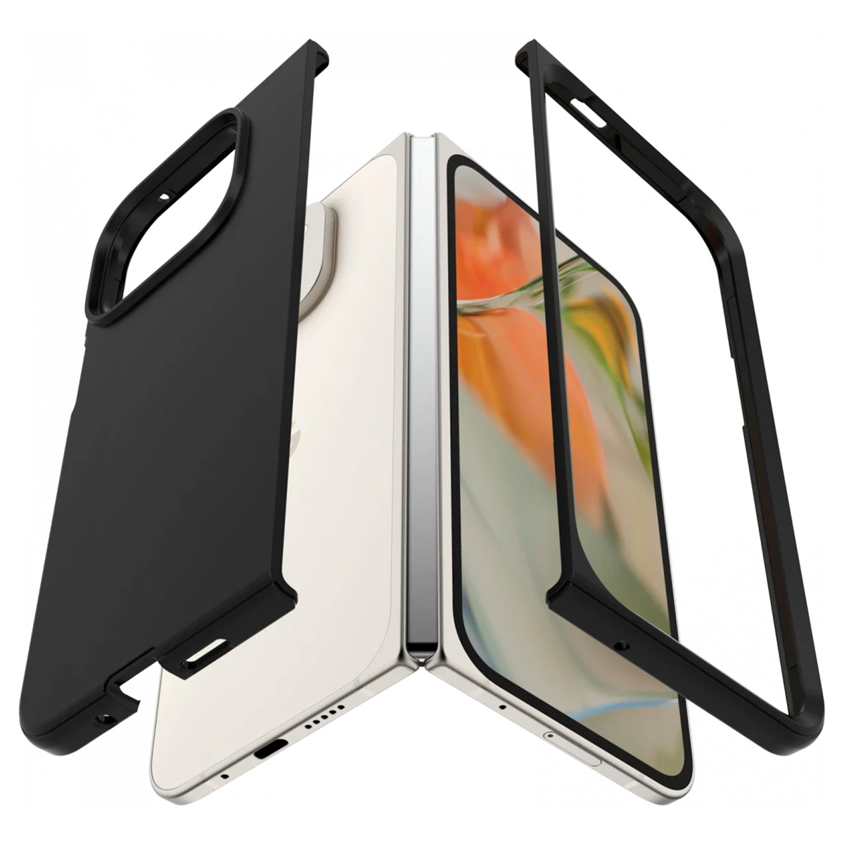 Zwart-witte telefoon met aparte cases, gedemonteerd en klaar voor montage.