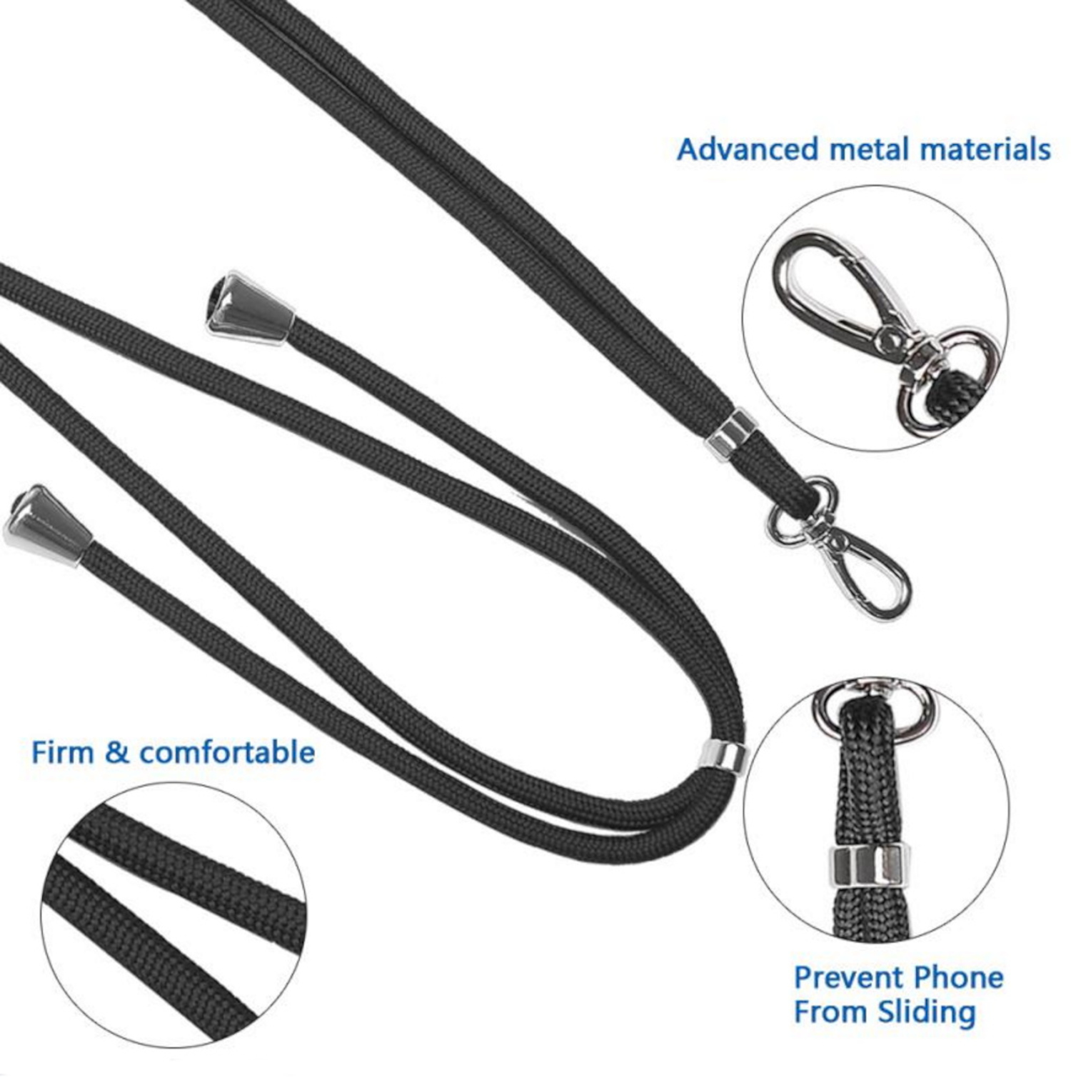 Schwarzes Telefon-Lanyard mit Metallverschlüssen, als fest und bequem gekennzeichnet, Nahaufnahmen.