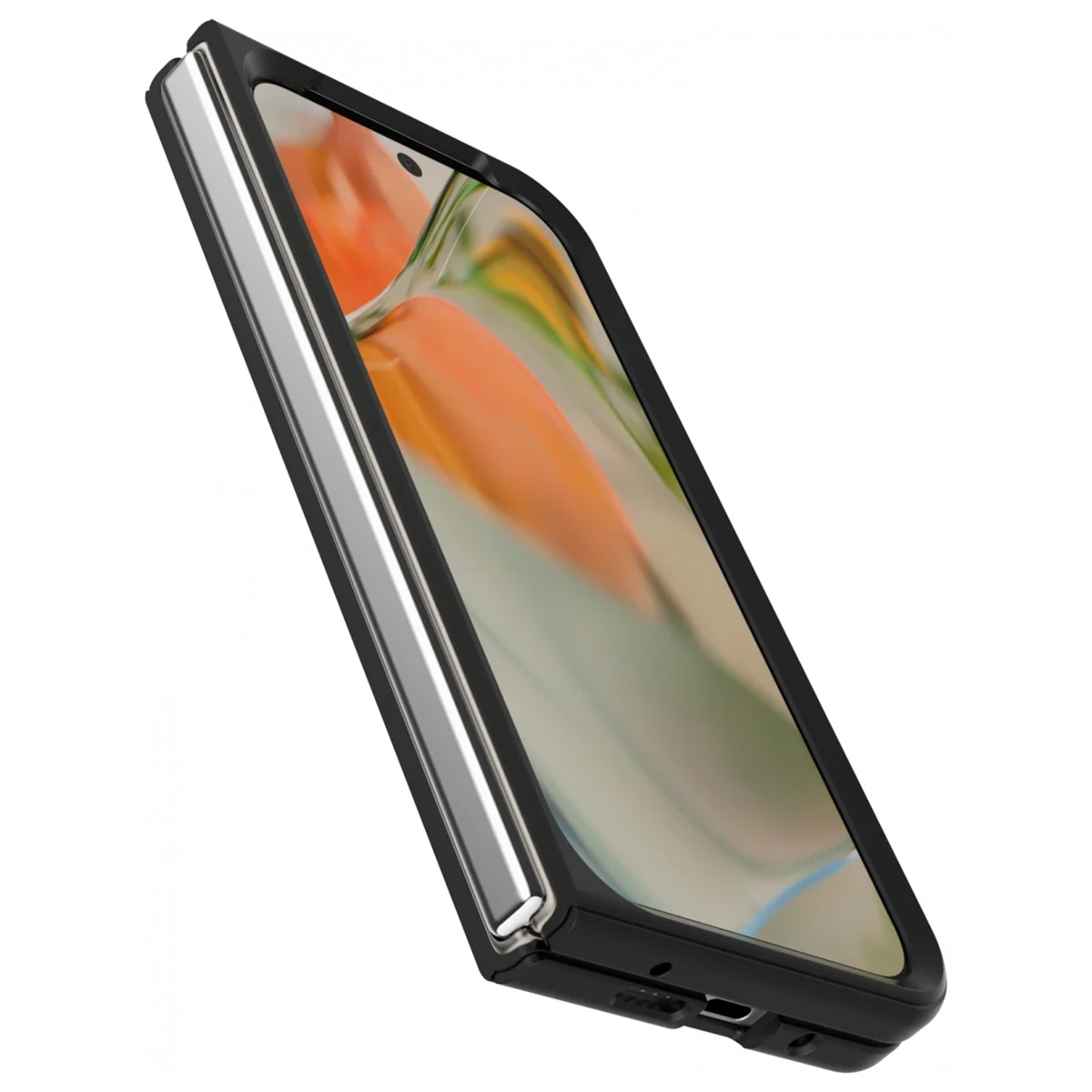 Een telefoon in een zilveren en zwarte hoes. De telefoon is open.