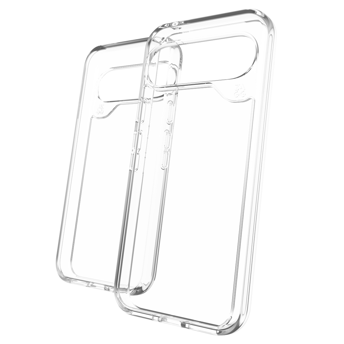 Deux coques de téléphone transparentes. Vue en angle, plastique transparent, découpes pour caméra. Fond blanc.