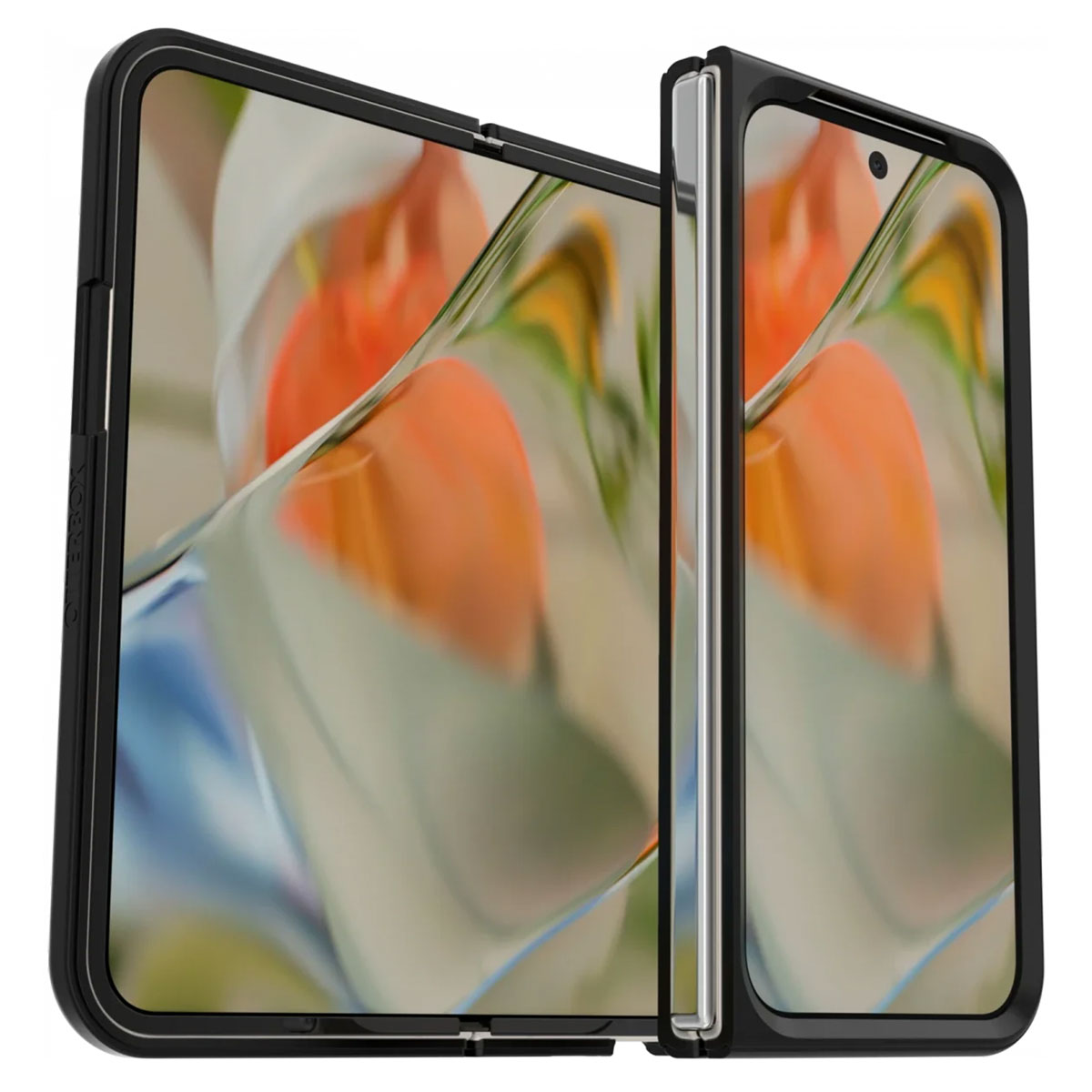Smartphonehoesje met de telefoon erin. De hoes is zwart, het scherm is zichtbaar.