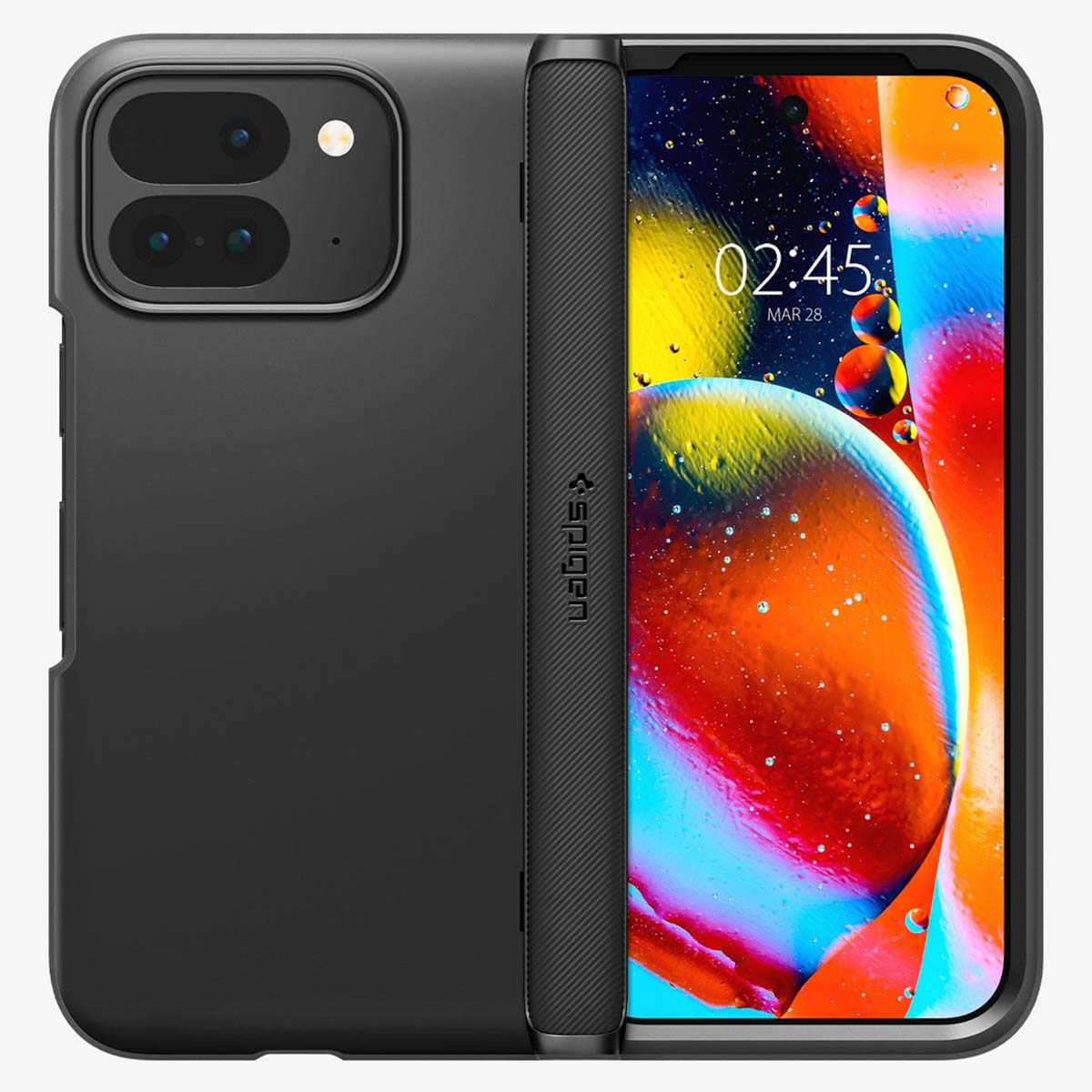 Una custodia per telefono nera con uno schermo del telefono. Lo schermo mostra uno sfondo colorato.