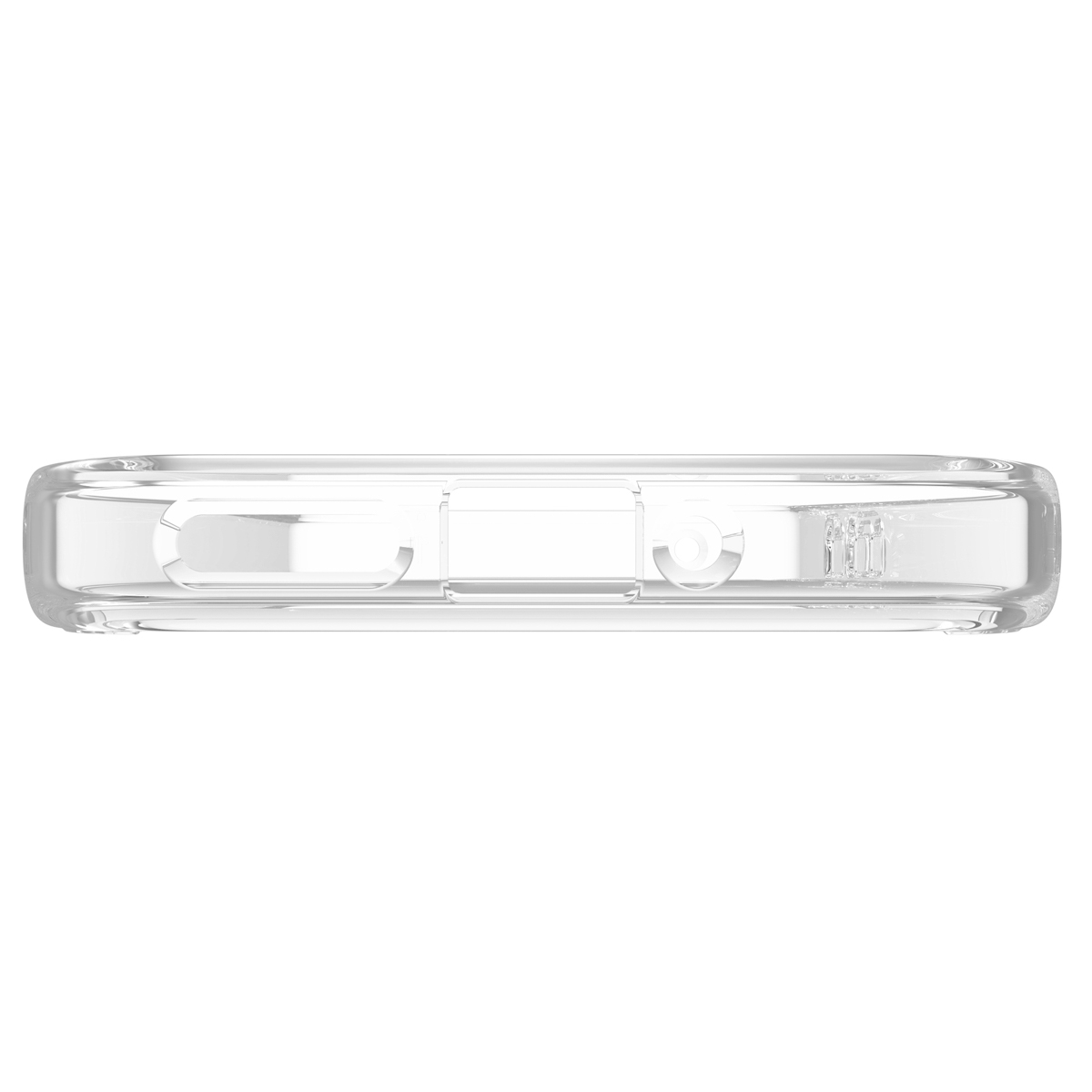 Coque de téléphone transparente, vue de dessous. Elle a des découpes pour les ports et les haut-parleurs.