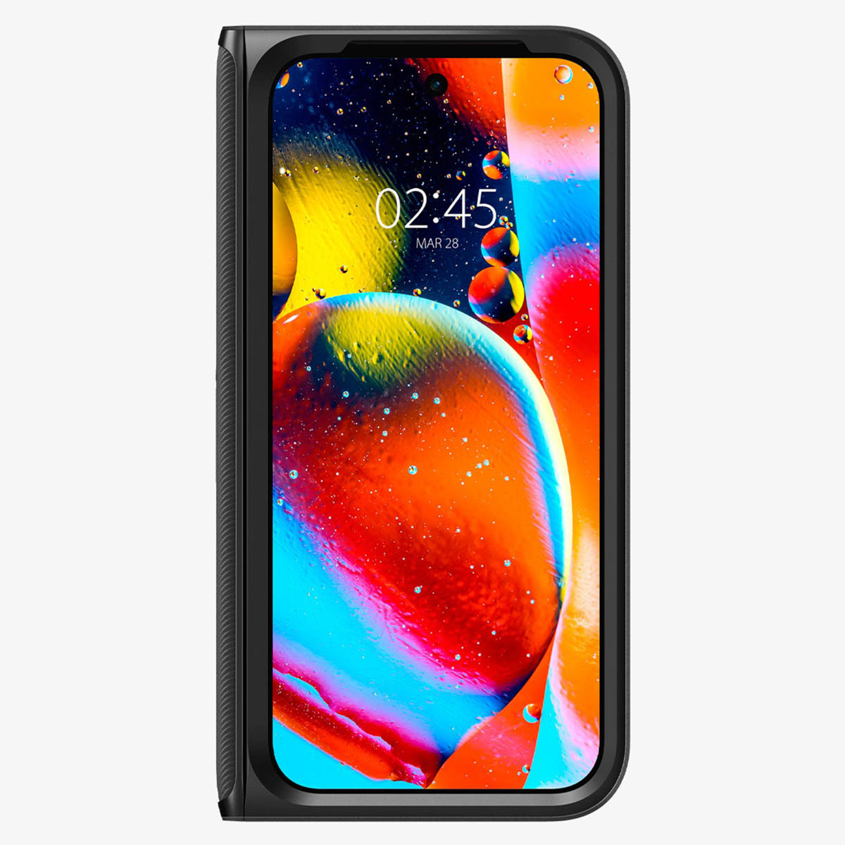 Telefono nero con un display di liquidi colorati. Il display mostra l'ora e la data.