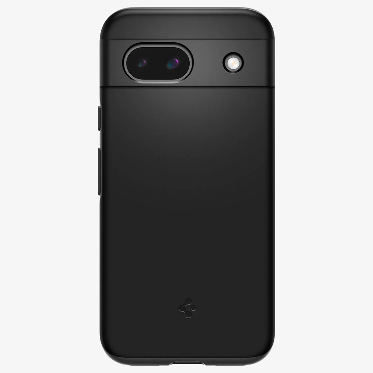 Custodia nera per telefono, fotocamera e flash visibili, con un piccolo logo in basso.