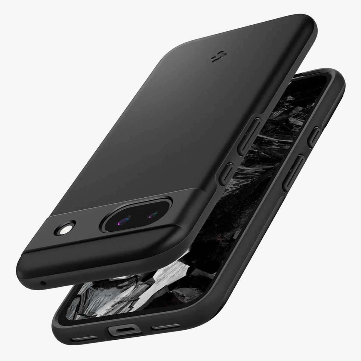 Custodia nera per telefono parzialmente aperta, che mostra un telefono con uno sfondo nero e grigio simile a una montagna.