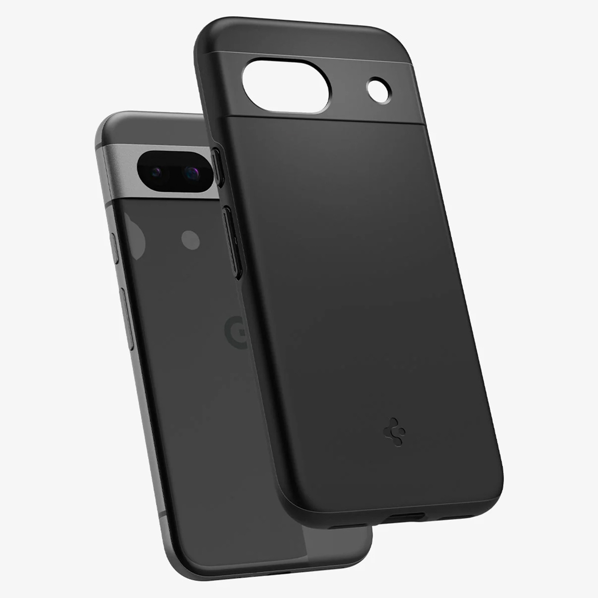 Custodia nera per telefono con un telefono all'interno. Un altro telefono visibile con un'area fotocamera grigia.