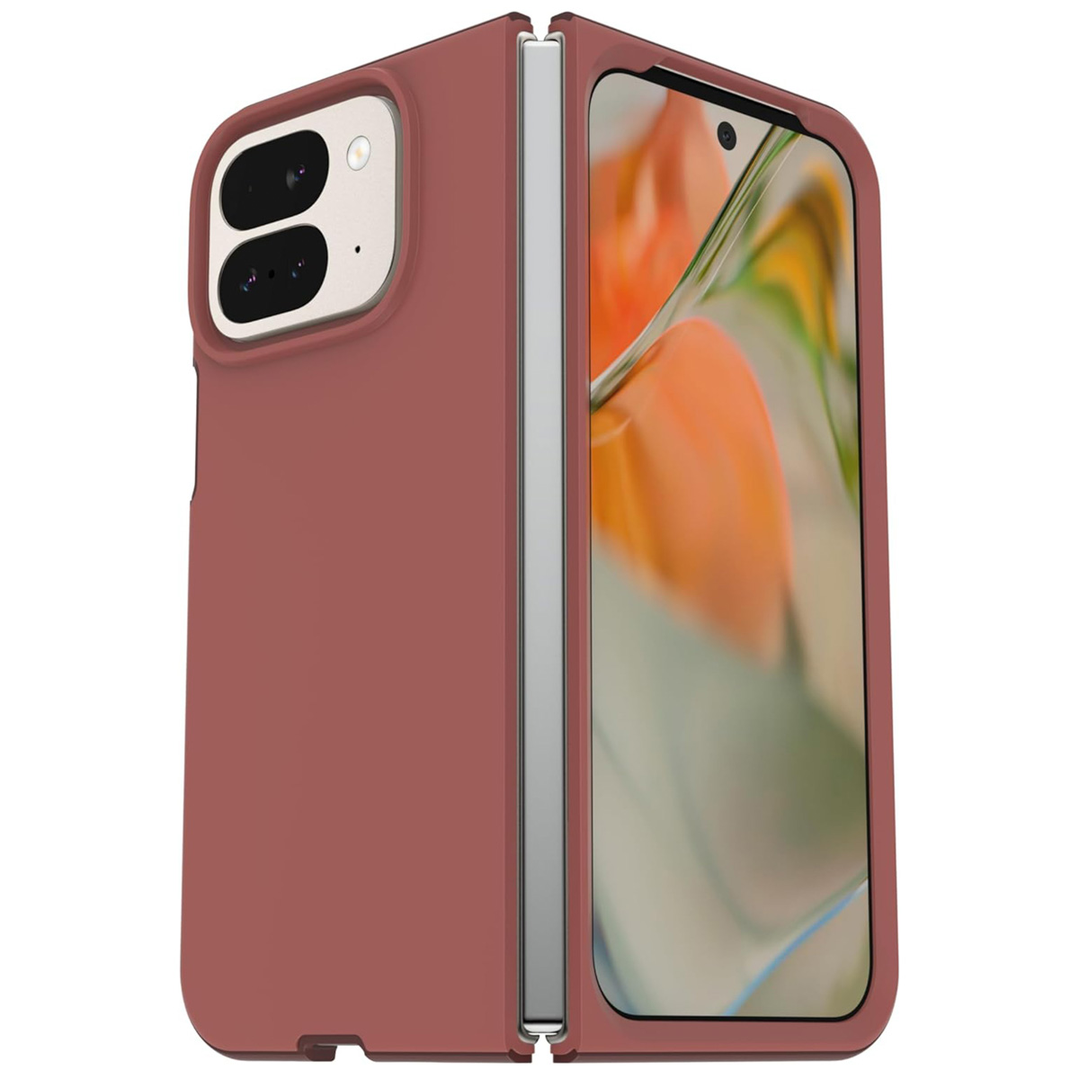 Étui de téléphone brun-rougeâtre, ouvert, affichant l'écran. Le téléphone est plié.