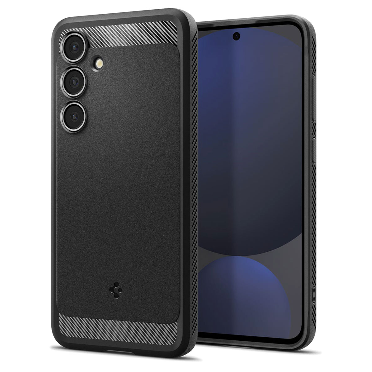 Schwarze Handyhülle mit Telefon. Telefon hat drei Kameras und schwarzen Bildschirm. Weißer Hintergrund.