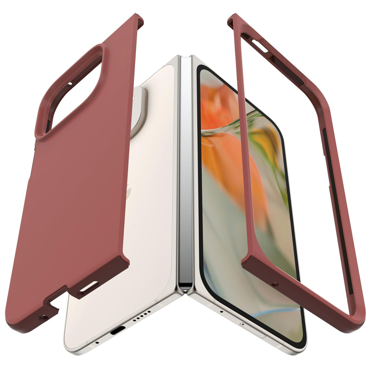 Téléphone avec composants de coque. Des parties de coque marron entourent le téléphone.