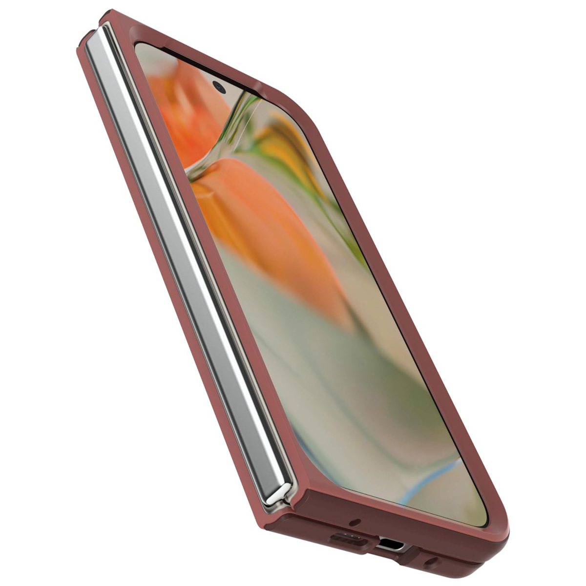 Un étui de téléphone est ouvert, montrant un téléphone. L'étui est rouge. Le téléphone est clair.