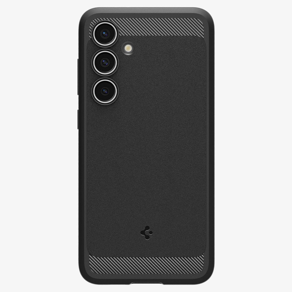 Schwarze Handyhülle mit Telefon. Telefon hat drei Kameras und schwarzen Bildschirm. Weißer Hintergrund.