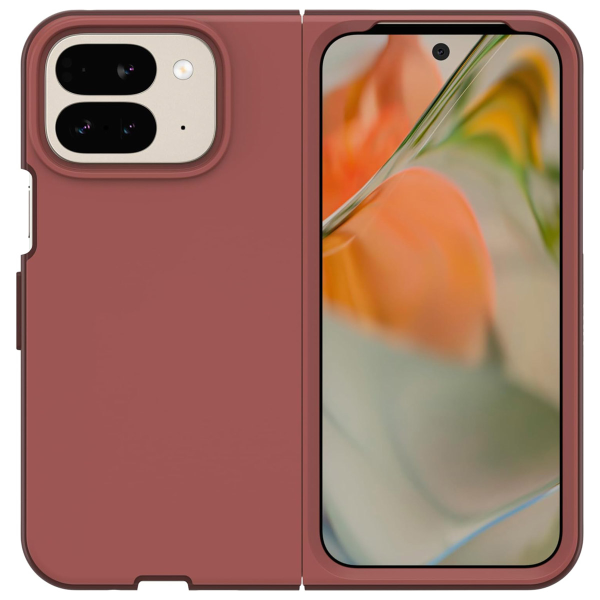 Coque de téléphone rouge, ouverte. À l'intérieur se trouve un téléphone. L'écran affiche une image floue.