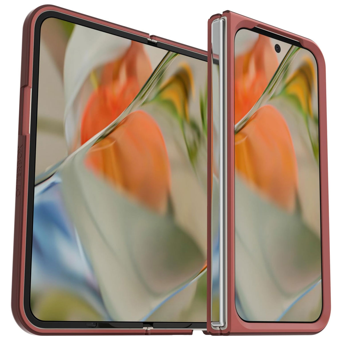 Deux coques de téléphone, couleur or rose, affichent des graphismes colorés sur fond blanc.