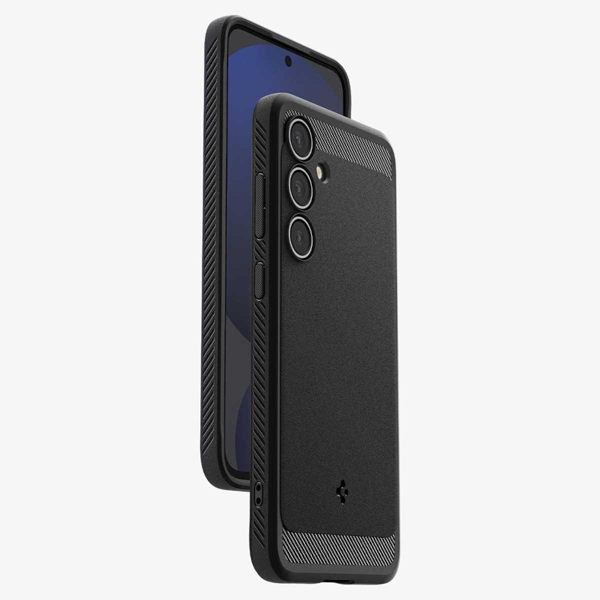Telefon mit schwarzer Hülle und ein anderes Telefon dahinter. Weißer Hintergrund. Beide Telefone haben einen schwarzen Bildschirm.