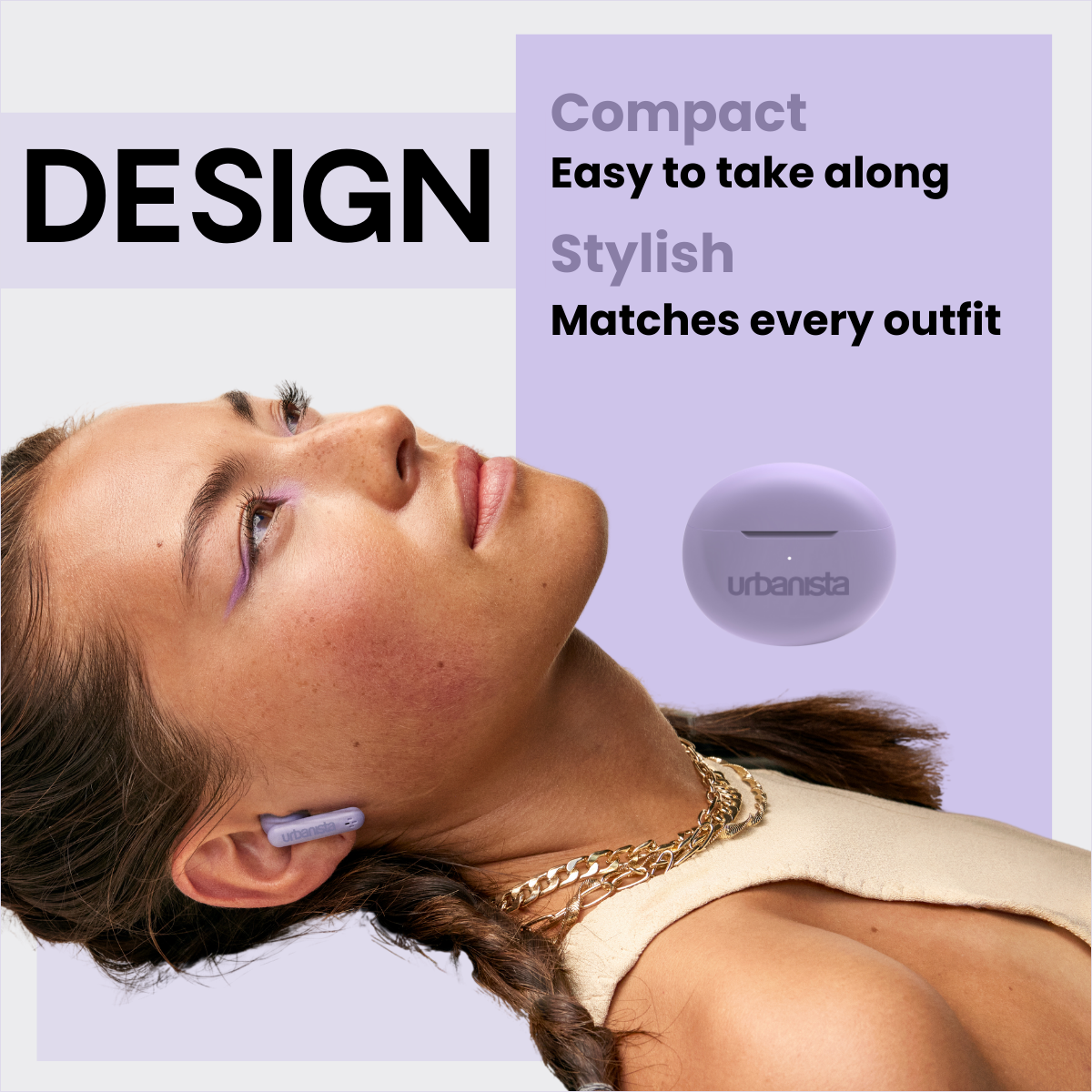 Pokazano kobietę z fioletową kredką do oczu i słuchawkami. Wyświetlany jest również fioletowy futerał na słuchawki.