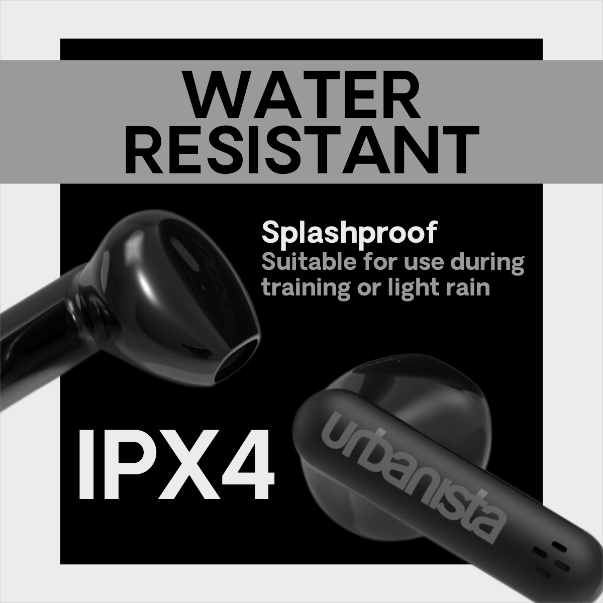 Czarne słuchawki z napisem 'urbanista' i 'IPX4'. Czarne tło z napisem 'WATER RESISTANT'.