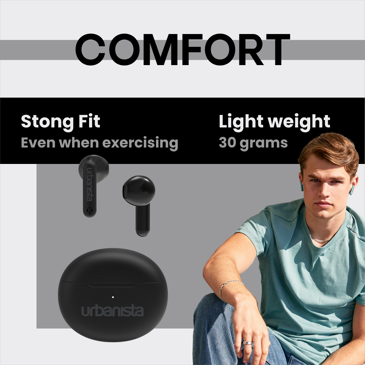 Mężczyzna z czarnymi słuchawkami i etui ładującym. Tekst: Komfort, mocne dopasowanie, lekki.
