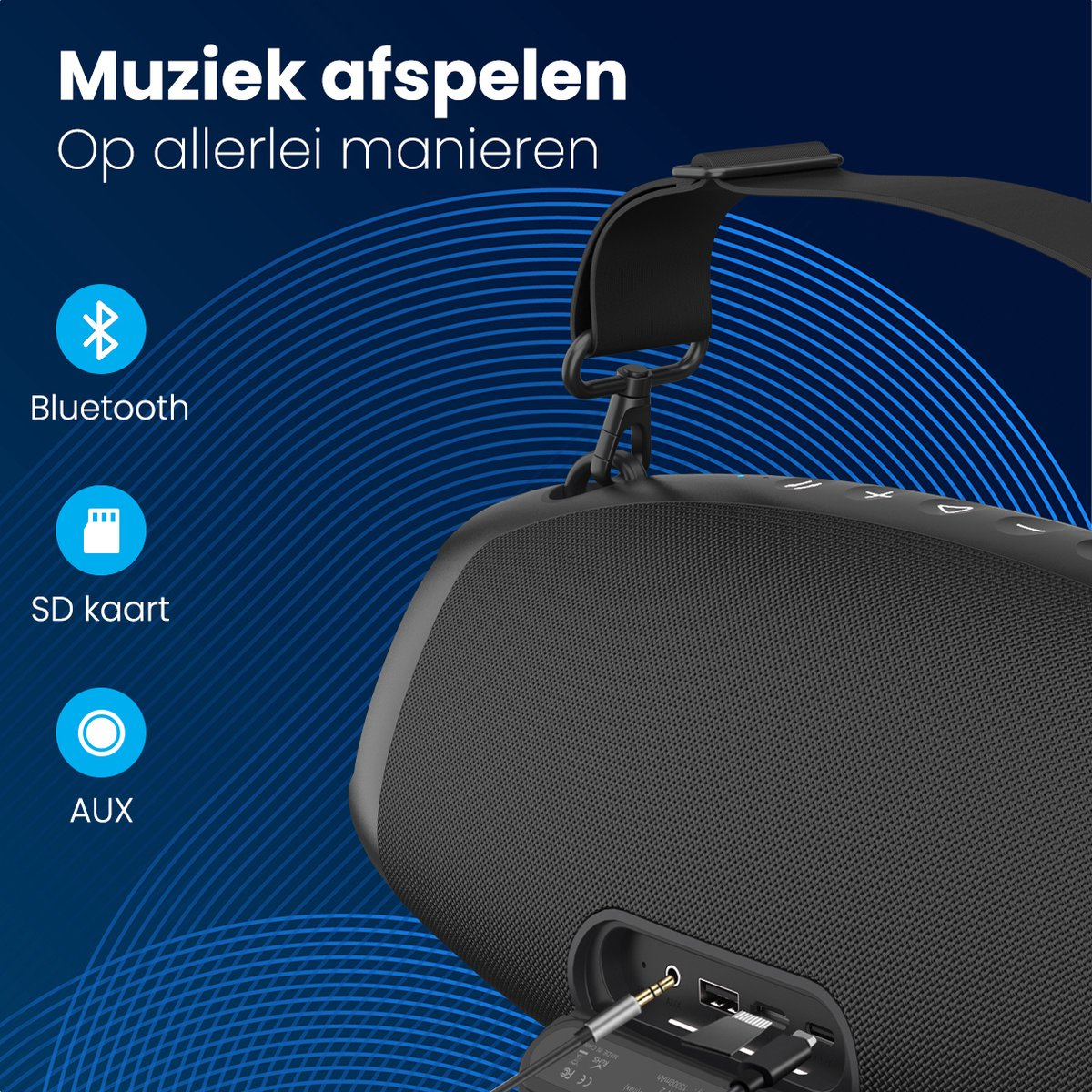 Een zwarte draagbare luidspreker met drie pictogrammen: Bluetooth, SD-kaart en AUX.