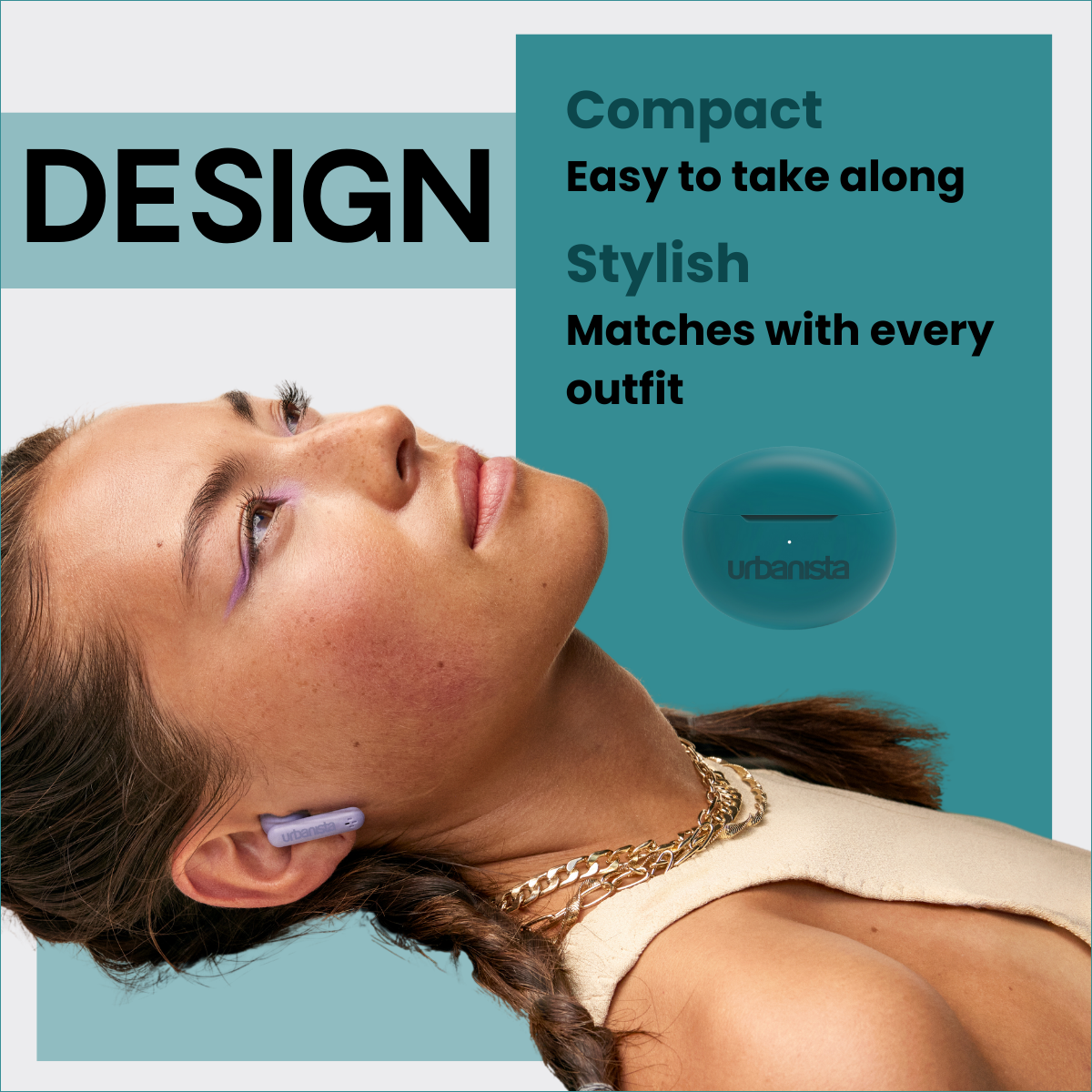 Kobieta z fioletowymi słuchawkami i zielonym tłem z białym tekstem.