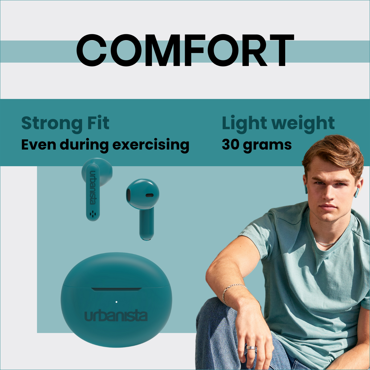 Mężczyzna w słuchawkach. Tekst: Komfort, Mocne dopasowanie, Nawet podczas ćwiczeń. Lekki, 30 gramów. Zielone słuchawki i etui.