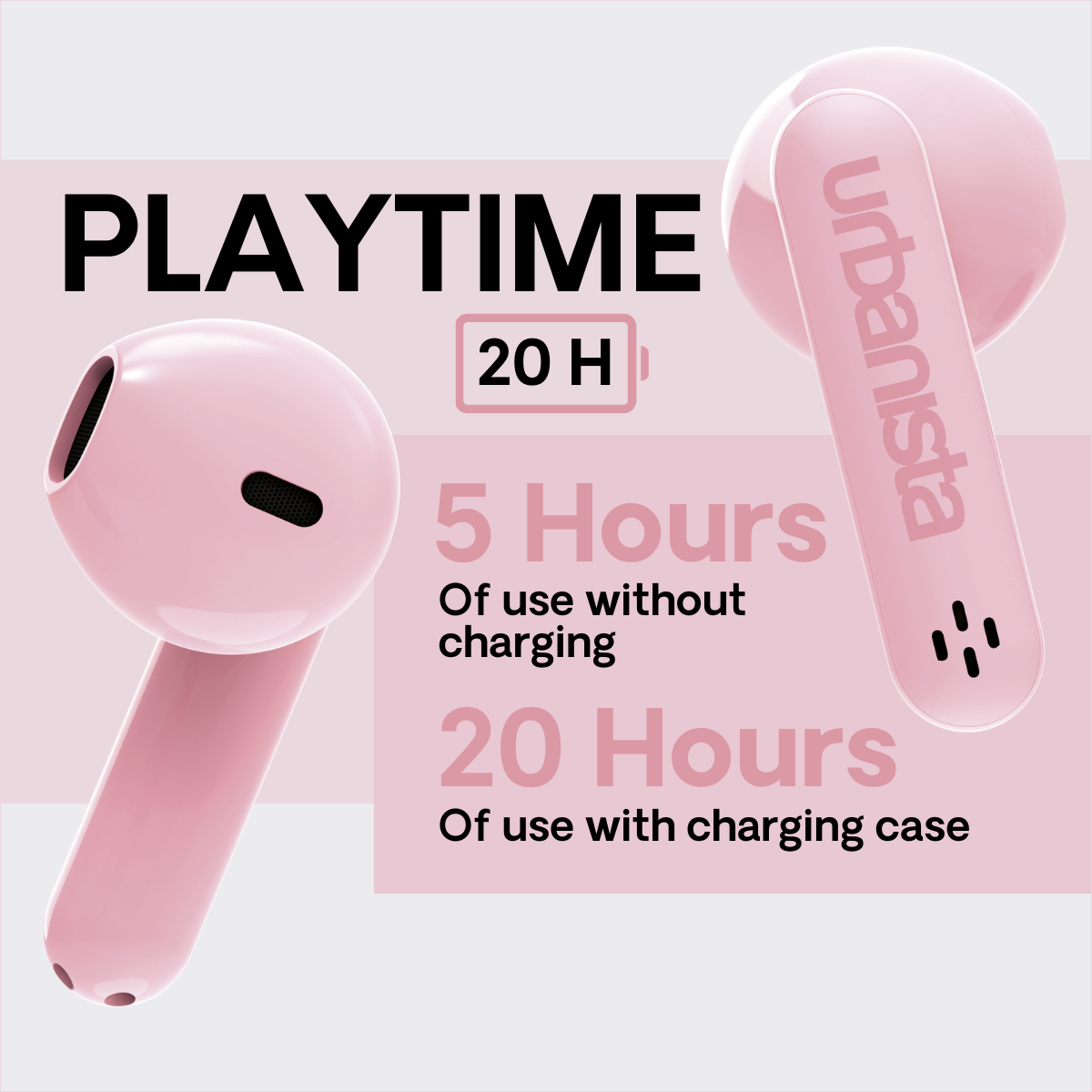 Różowe bezprzewodowe słuchawki z napisem 'urbanista'. Tekst mówi o 20 godzinach odtwarzania.