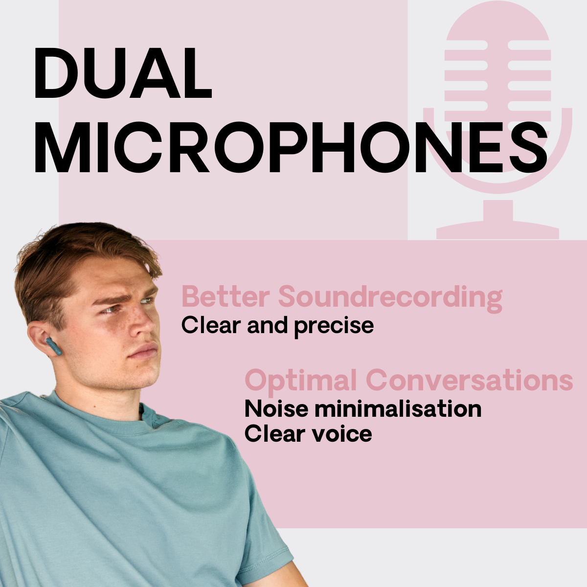 Mężczyzna z turkusową słuchawką, tekst: Podwójne mikrofony, Lepsze nagrywanie dźwięku, Optymalne rozmowy.