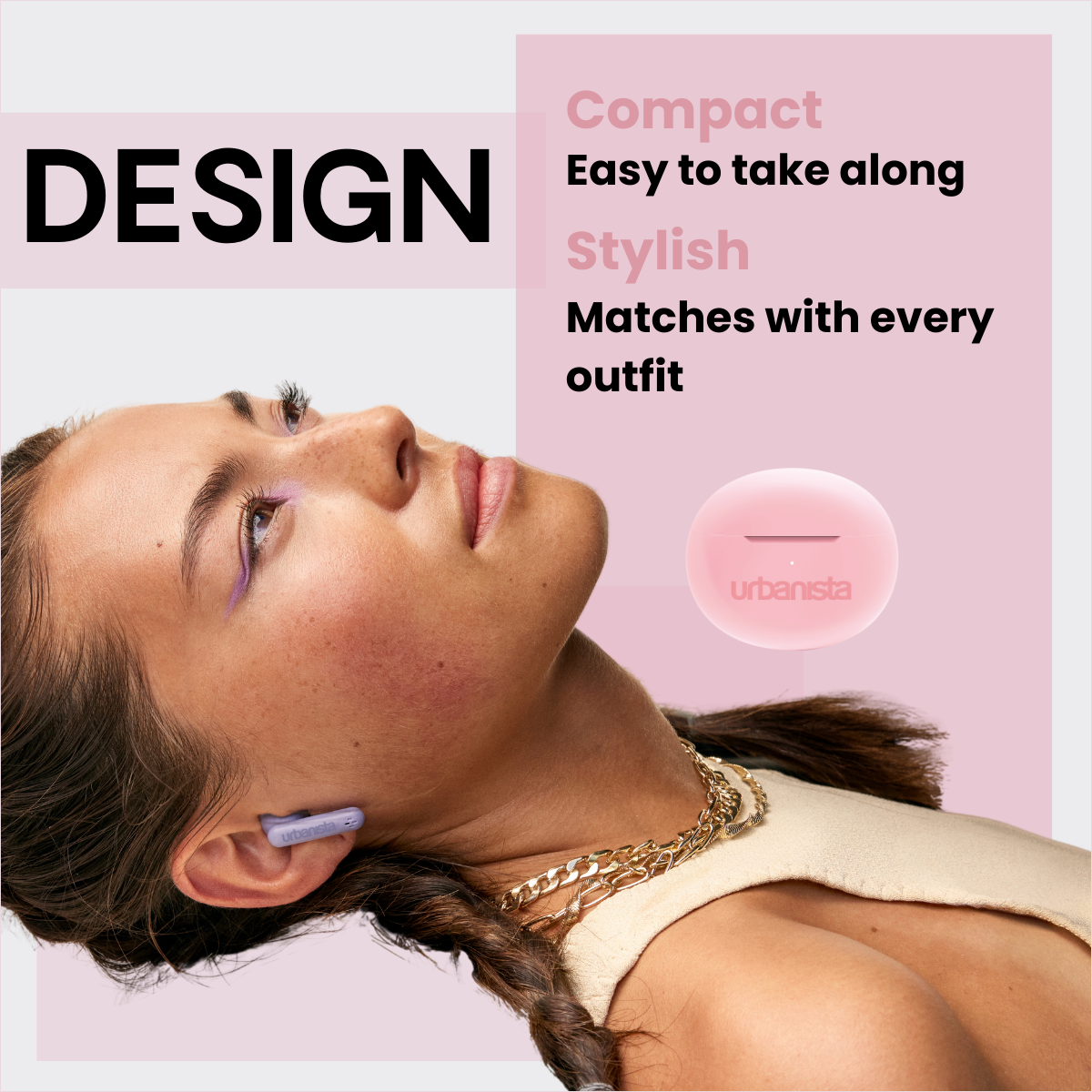 Kobieta nosząca słuchawki, z tekstem o designie i produkcie. Różowe tło.