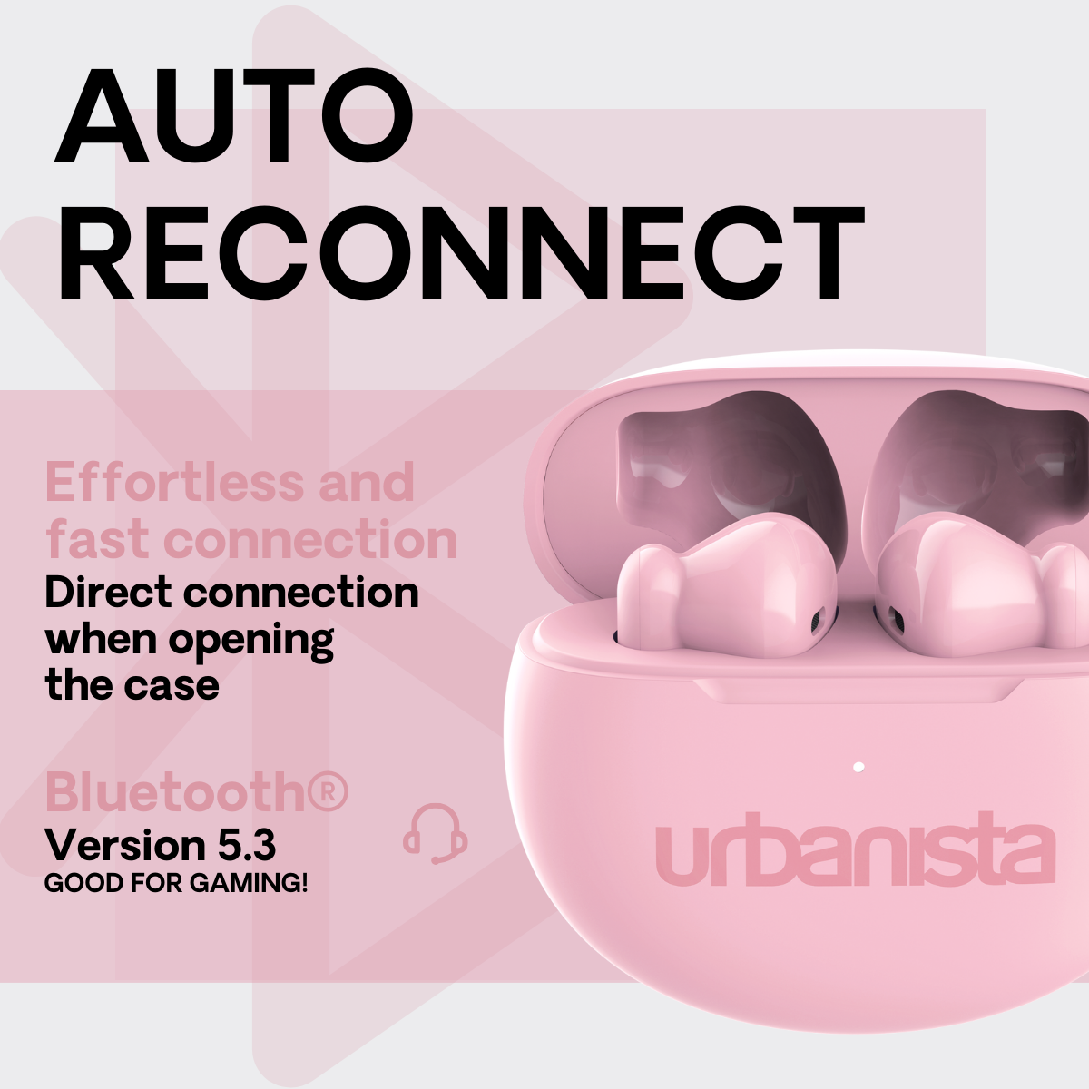 Różowe słuchawki w otwartym etui ładującym. Etui i słuchawki są różowe, z tekstem na etui.