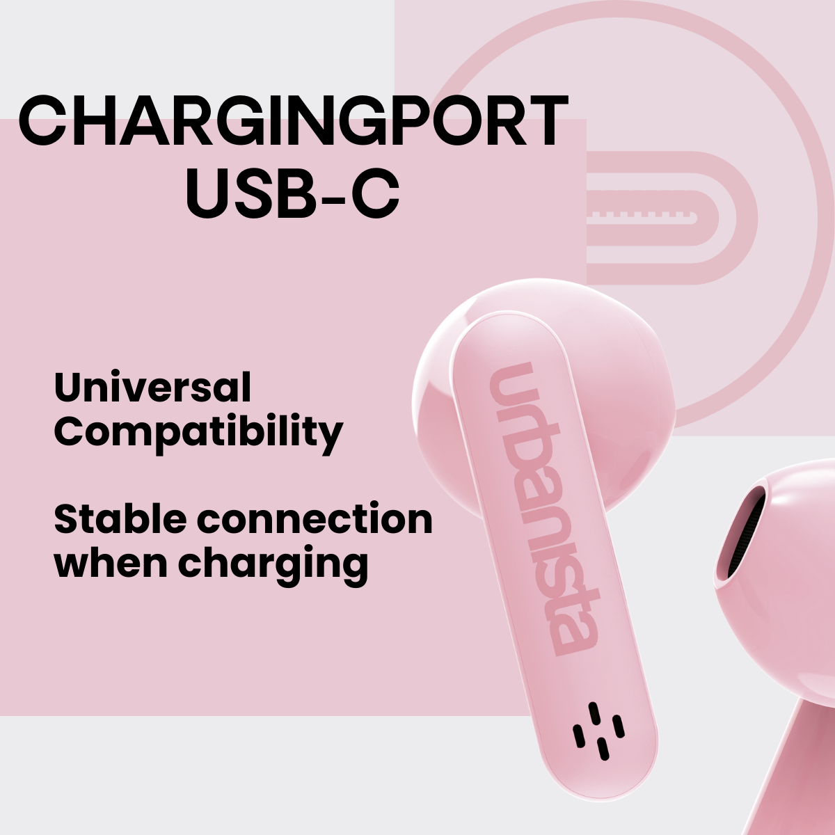 Écouteurs roses avec informations sur le port de charge. Texte à gauche et à droite.