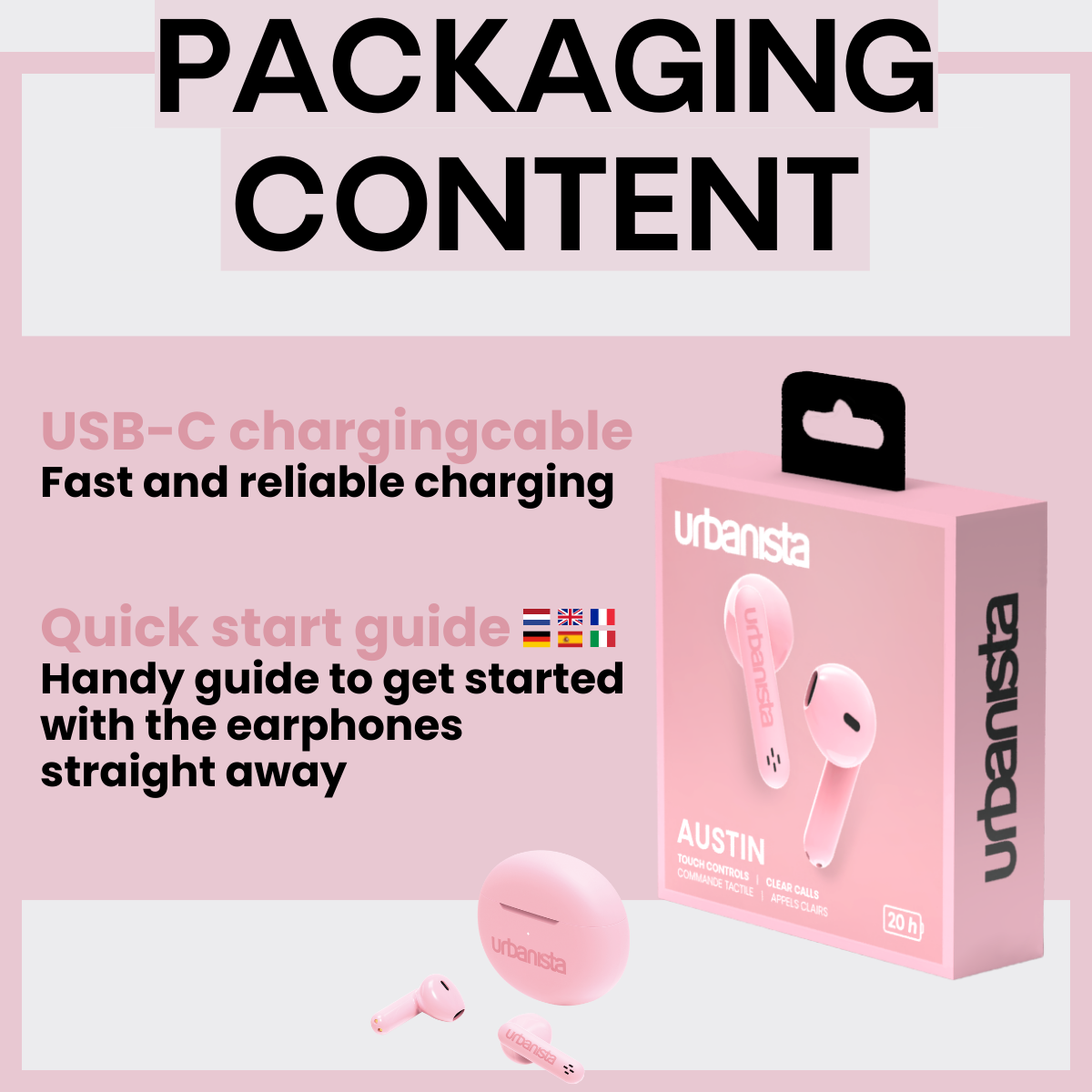 Roze verpakking met oordopjes en oplaadcase. Tekst omvat USB-C opladen en snelstartgids.