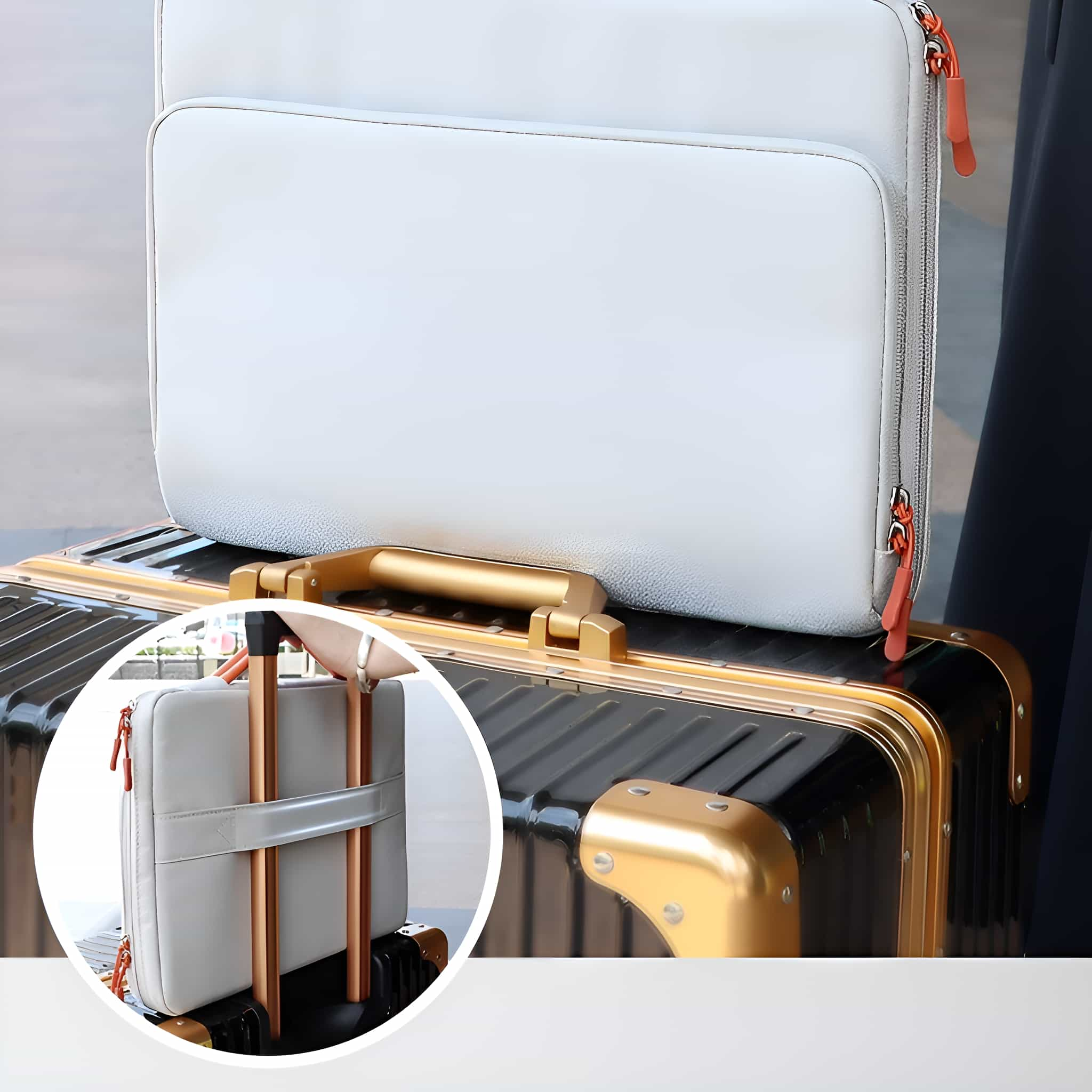 Weiße Laptoptasche auf schwarzem Koffer. Goldakzente und orangefarbene Reißverschlüsse.