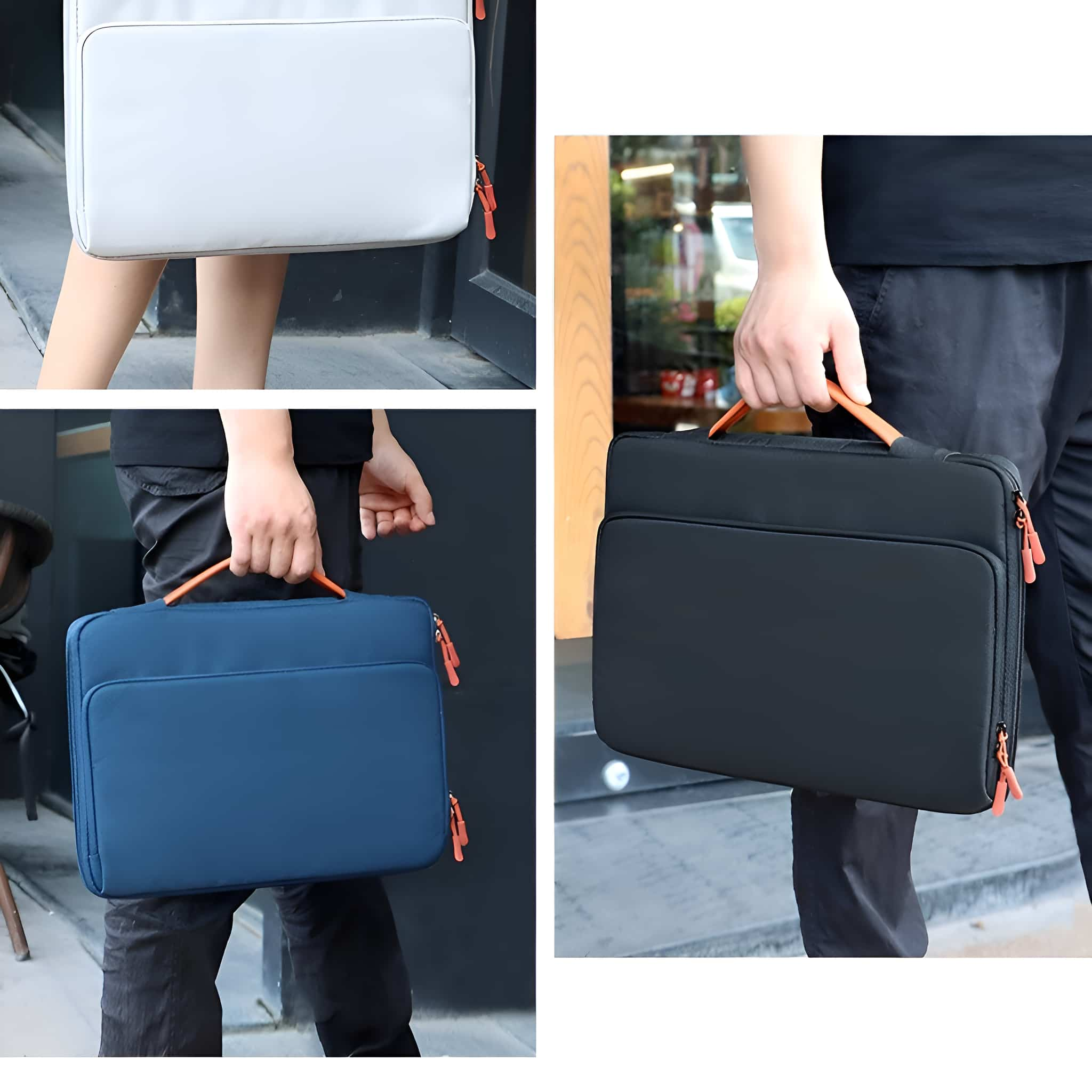Laptoptaschen in drei Farben: Weiß, Blau und Schwarz. Werden getragen gezeigt.