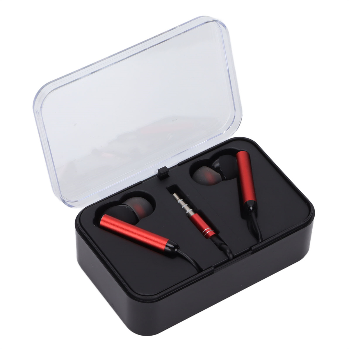 Rote und schwarze Ohrhörer in einer transparenten Plastikbox, auf weißem Hintergrund.