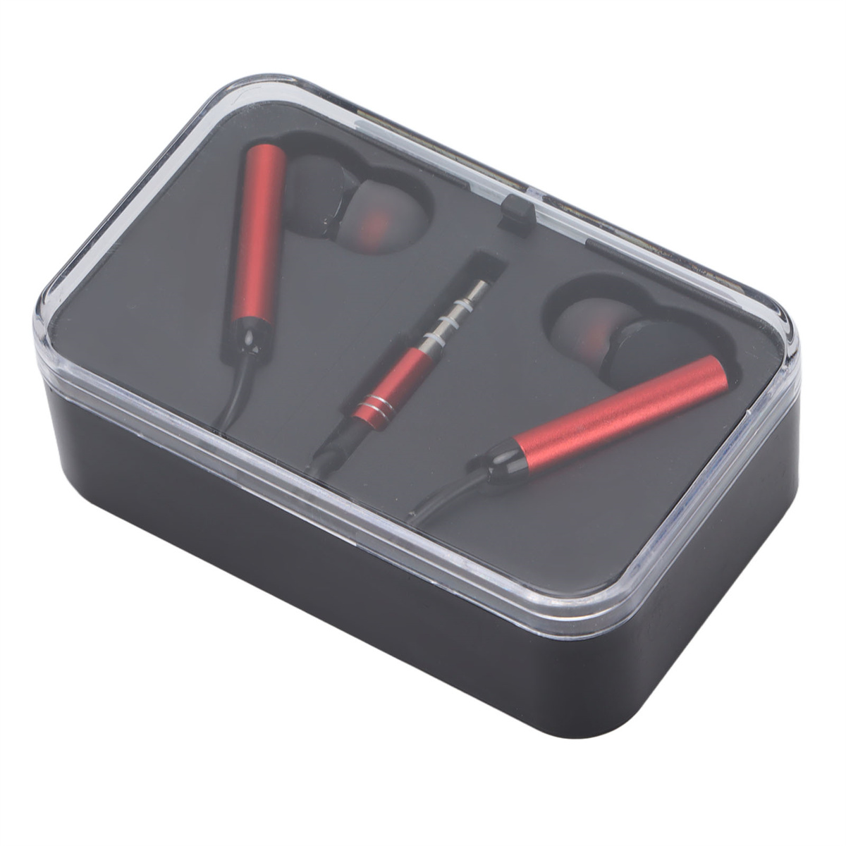 Kopfhörer in einem schwarzen Etui mit transparentem Deckel. Die Kopfhörer sind rot und schwarz.