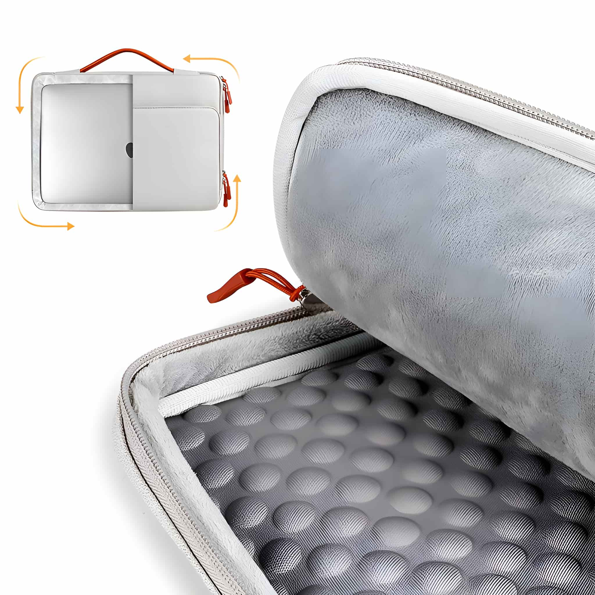 Graue Laptoptasche mit orangefarbenem Reißverschluss und Griff. Geöffnete Tasche zeigt grauen Innenraum mit Laptop-Umriss.
