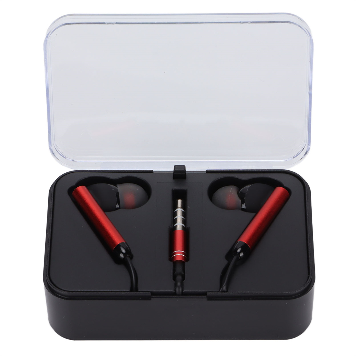 Eine schwarze Box mit roten und schwarzen Ohrhörern und einem Kabel. Die Box ist klar und hat einen 3,5-mm-Klinkenstecker.